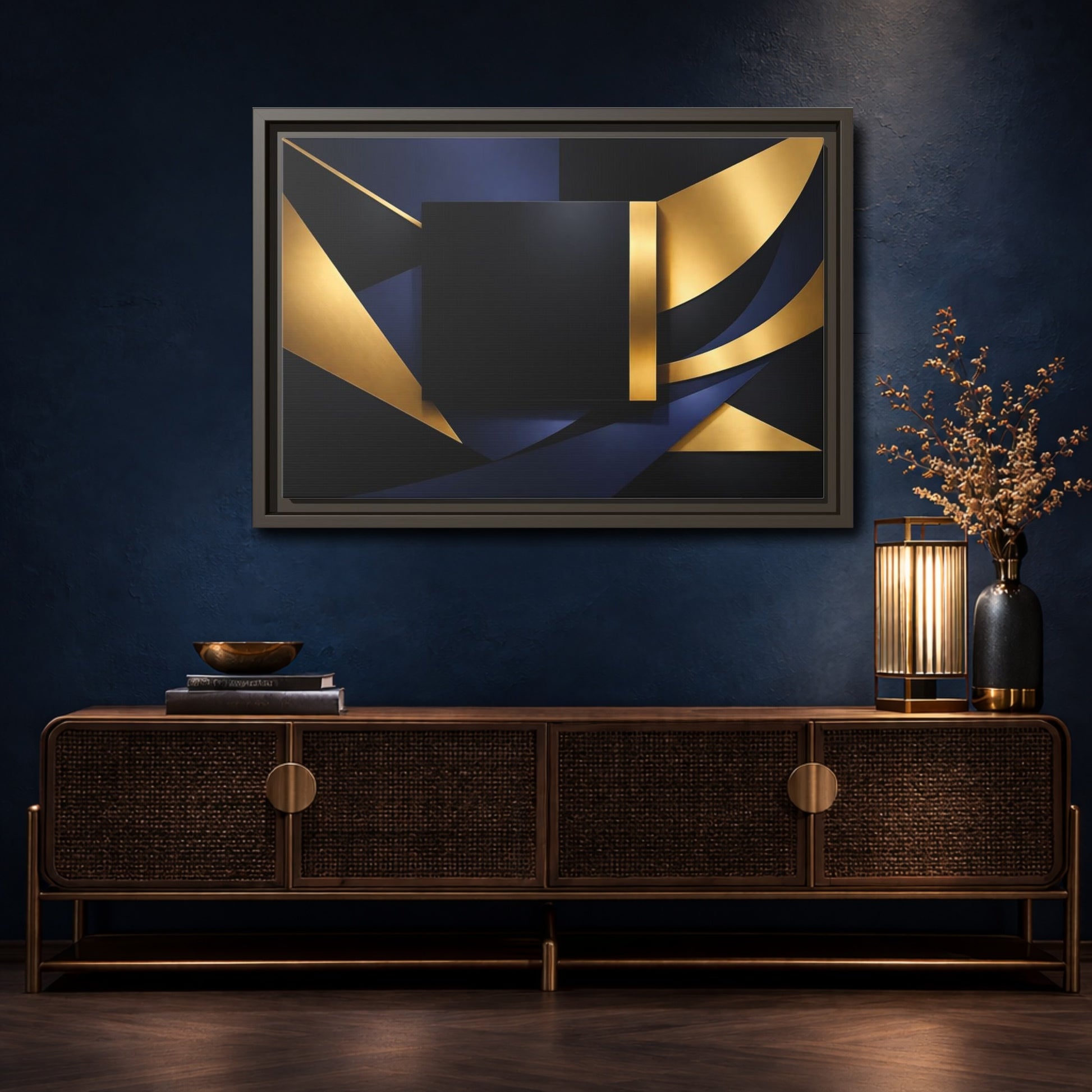 Mockup 4. Abstract Geometric Shapes Gold Blue Black shown as stretched canvas wall art