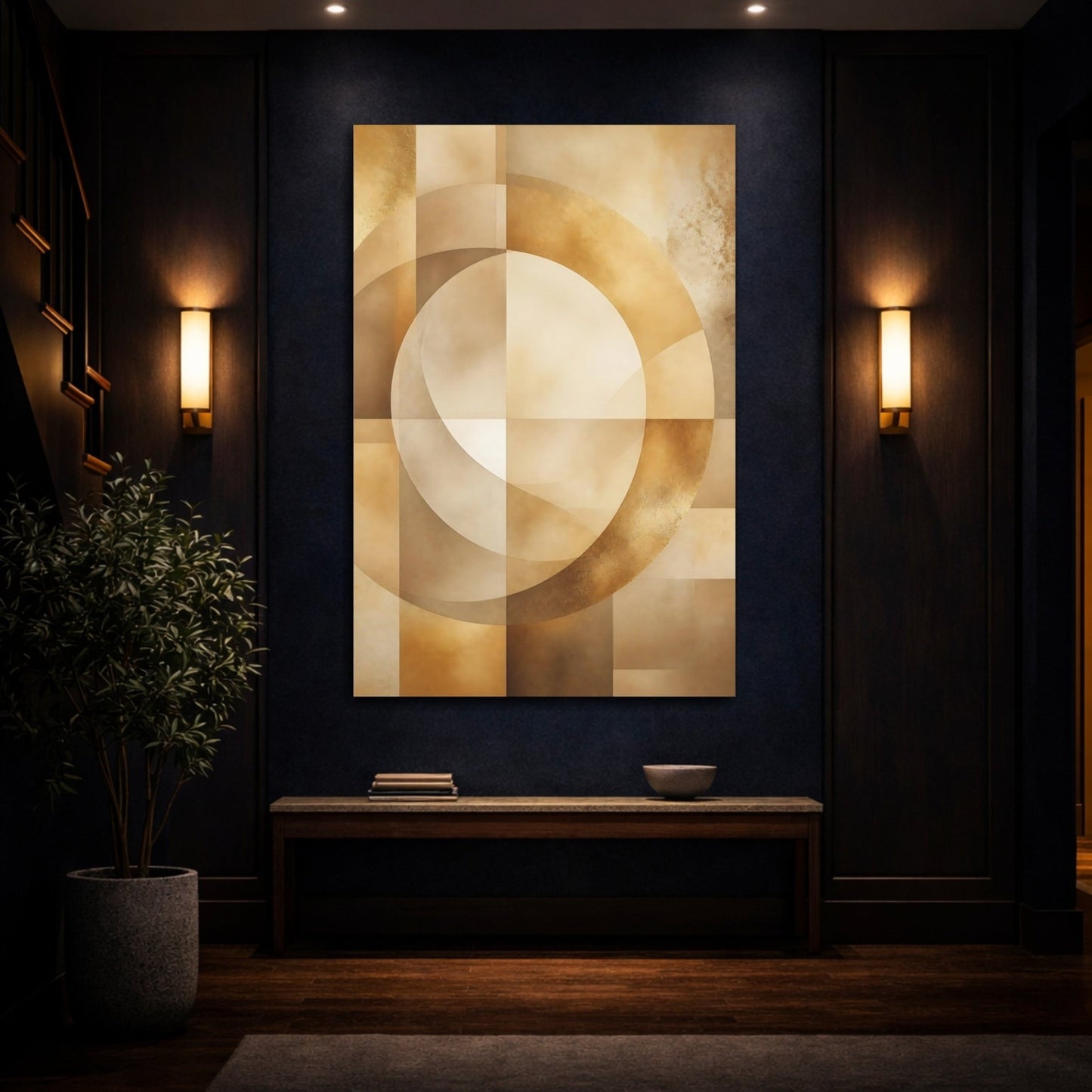 Abstract Geometric Shapes Gold Canvas Print – Living Room, Above Fireplace, - YesArtYes