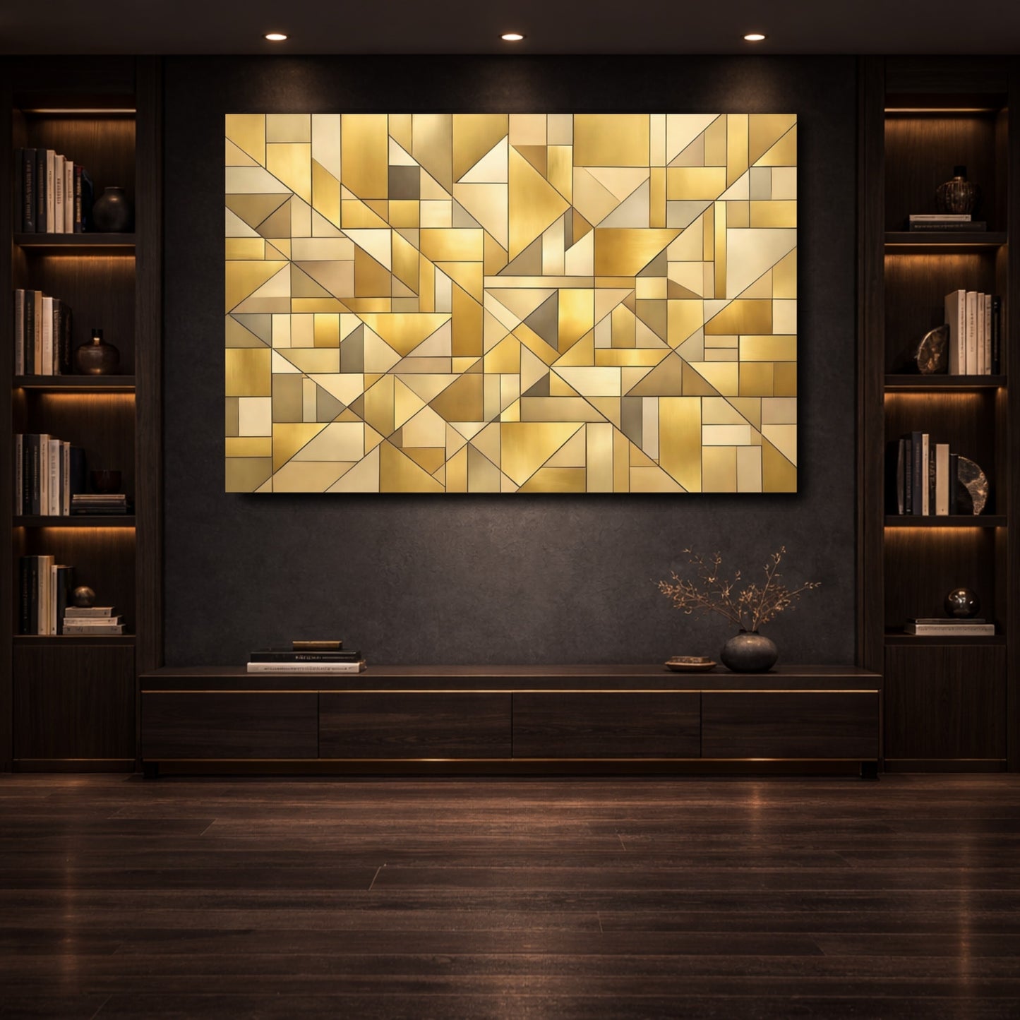 Mockup 3. Abstract Geometric Shapes Gold Geometric shown as stretched canvas wall art