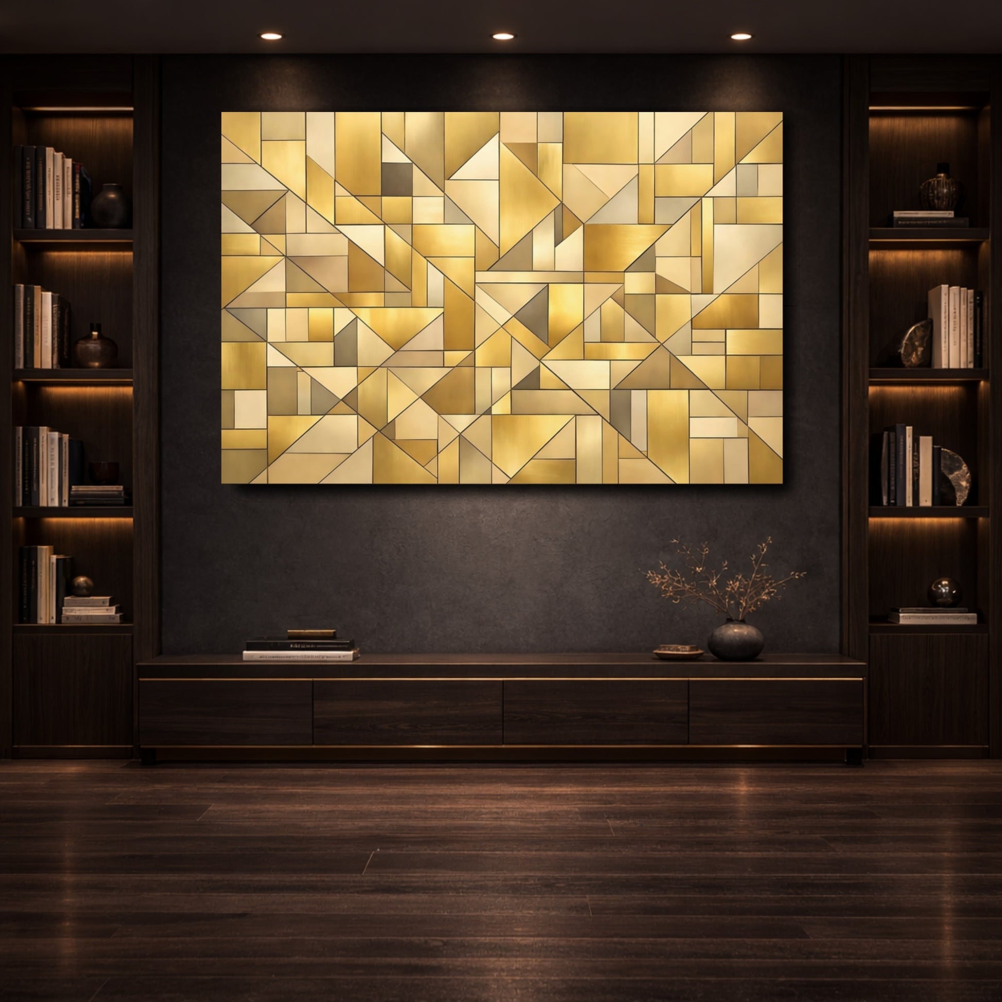 Mockup 3. Abstract Geometric Shapes Gold Geometric shown as stretched canvas wall art