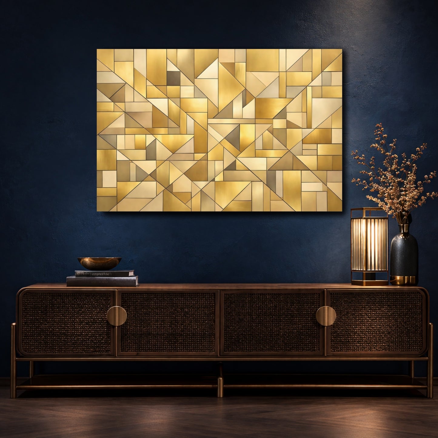 Mockup 4. Abstract Geometric Shapes Gold Geometric shown as stretched canvas wall art