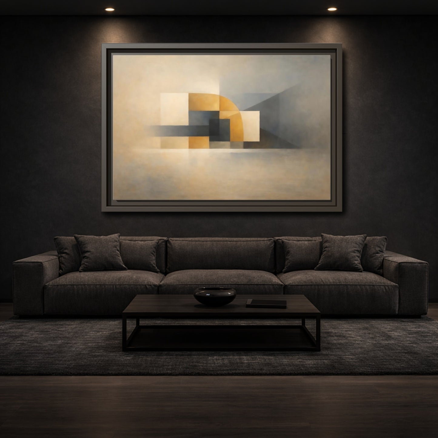 Mockup 2. Abstract Geometric Shapes Gold Grey Abstract shown as stretched canvas wall art