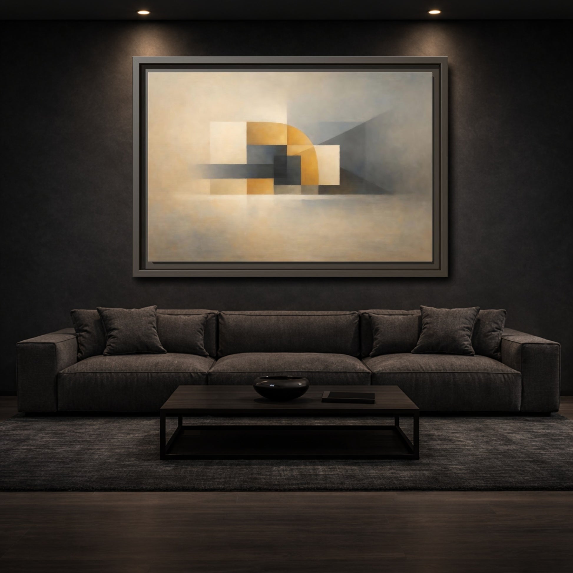 Mockup 2. Abstract Geometric Shapes Gold Grey Abstract shown as stretched canvas wall art