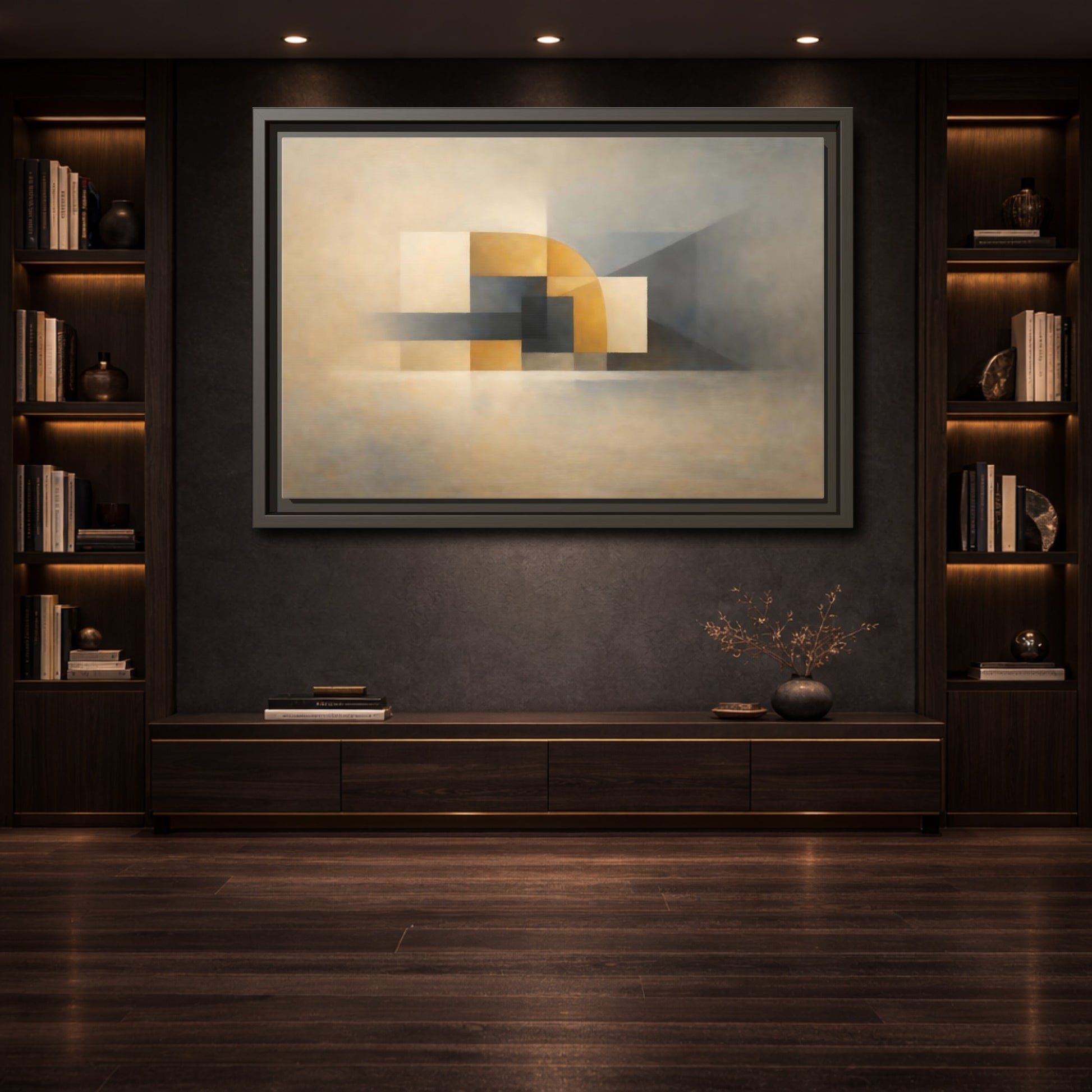 Mockup 3. Abstract Geometric Shapes Gold Grey Abstract shown as stretched canvas wall art