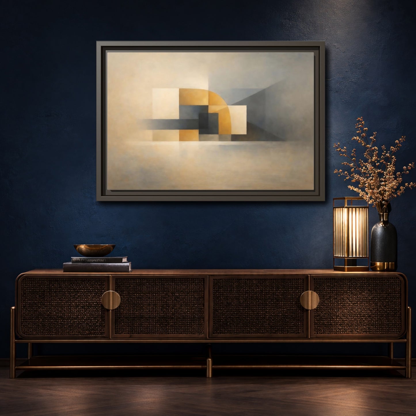 Mockup 4. Abstract Geometric Shapes Gold Grey Abstract shown as stretched canvas wall art