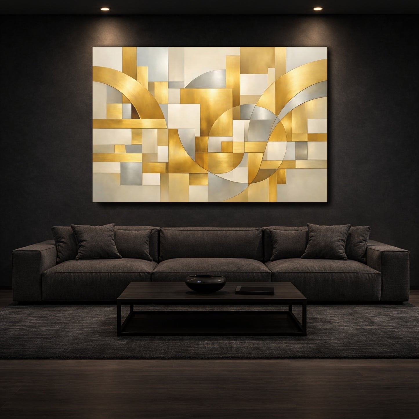 Mockup 2. Abstract Geometric Shapes Gold Silver Abstract shown as stretched canvas wall art