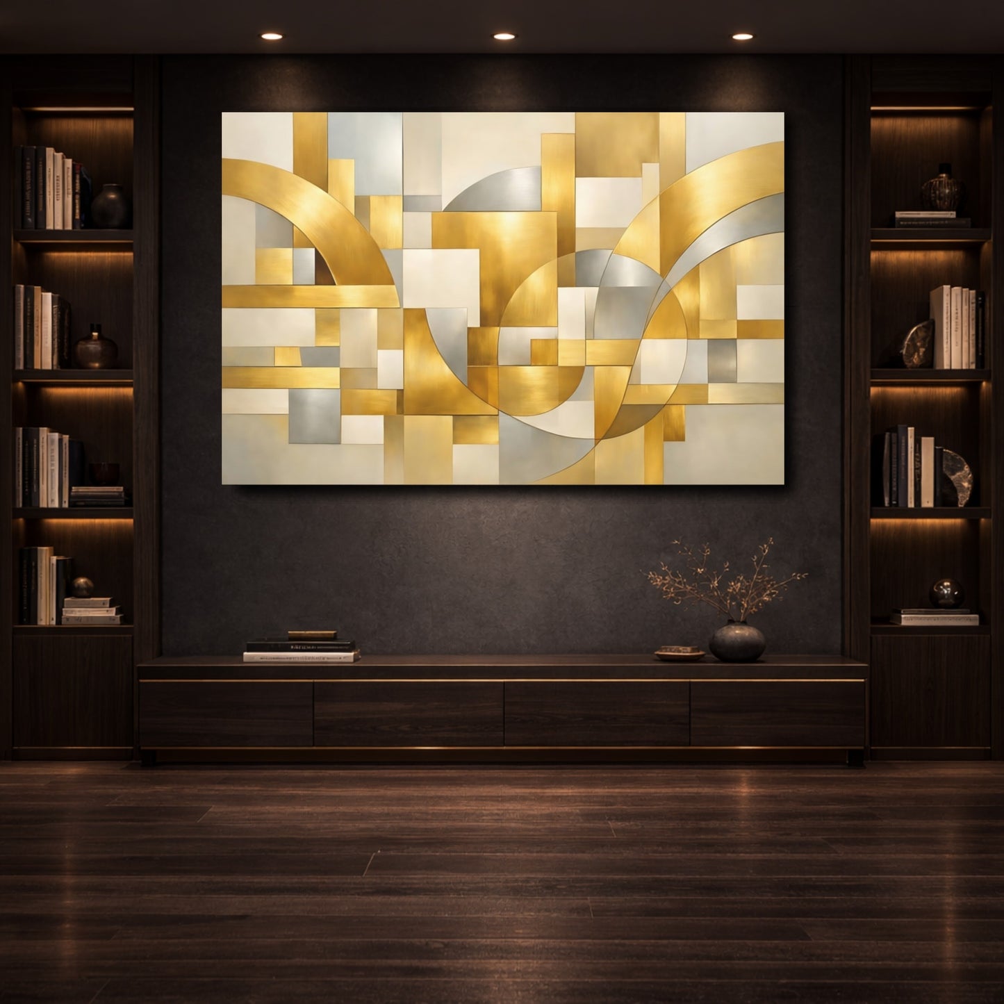 Mockup 3. Abstract Geometric Shapes Gold Silver Abstract shown as stretched canvas wall art