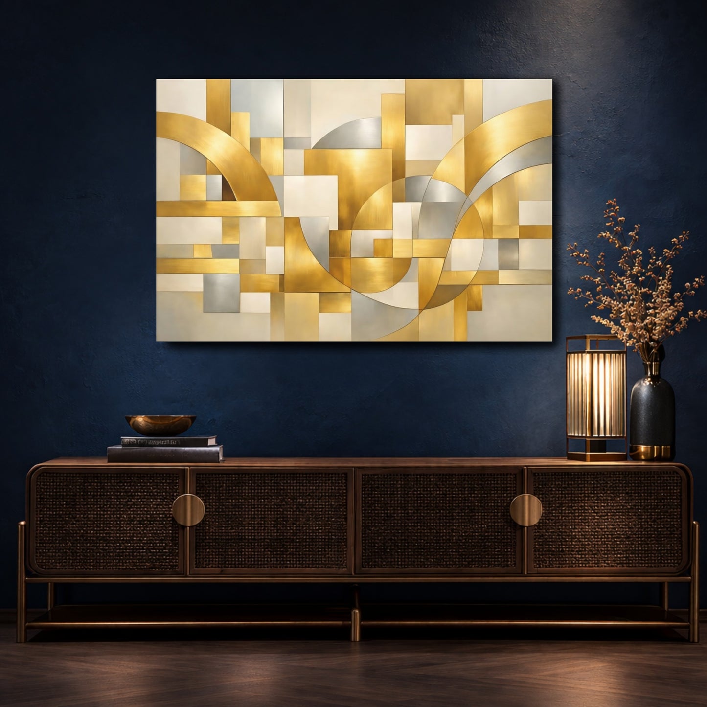 Mockup 4. Abstract Geometric Shapes Gold Silver Abstract shown as stretched canvas wall art