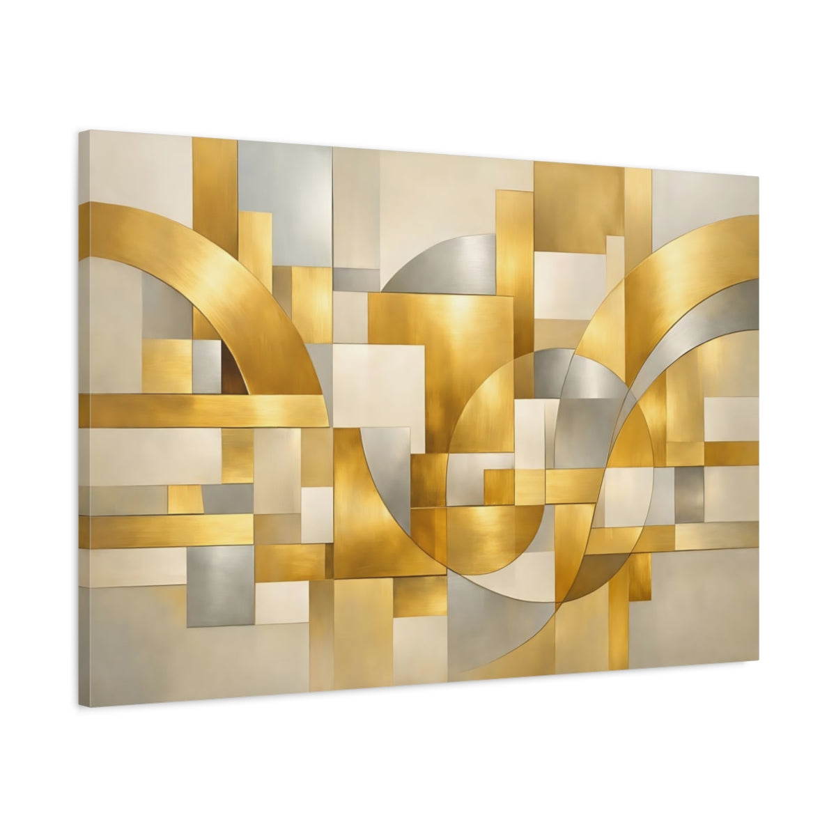 Side Mockup 1. Abstract Geometric Shapes Gold Silver Abstract shown as stretched canvas wall art