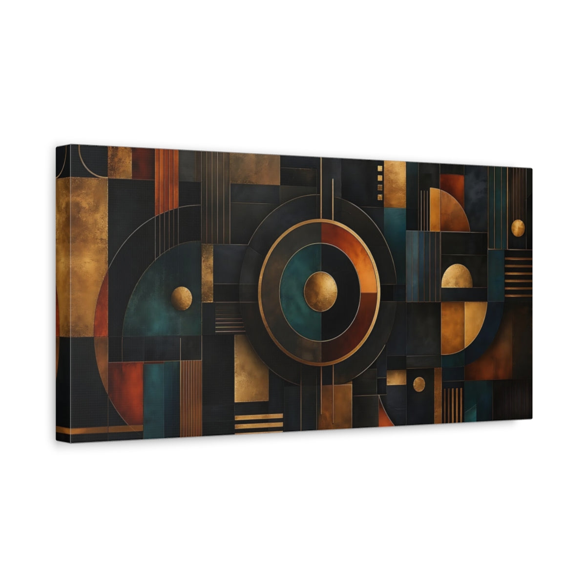 Side Mockup 3. Abstract Geometric Shapes Abstract Gold Teal shown as stretched canvas wall art