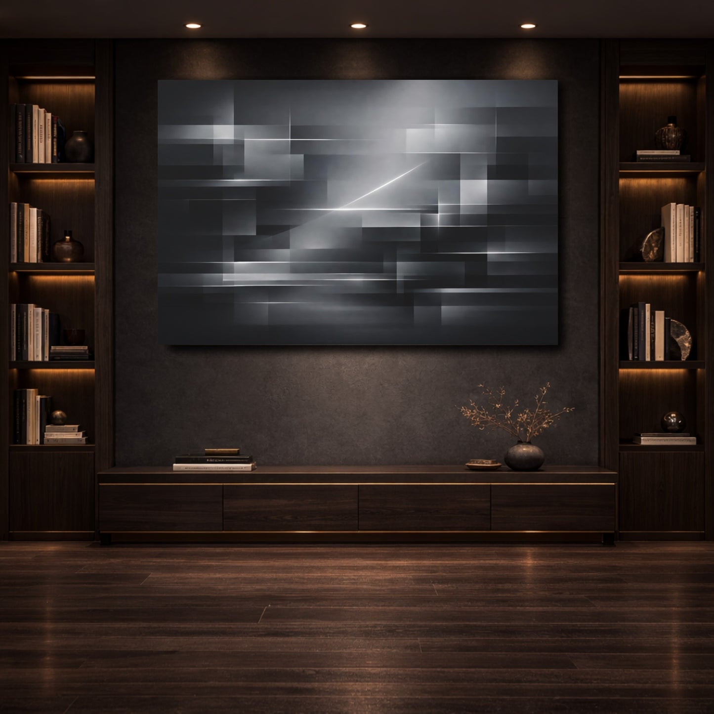 Mockup 3. Abstract Geometric Shapes Gray Abstract shown as stretched canvas wall art