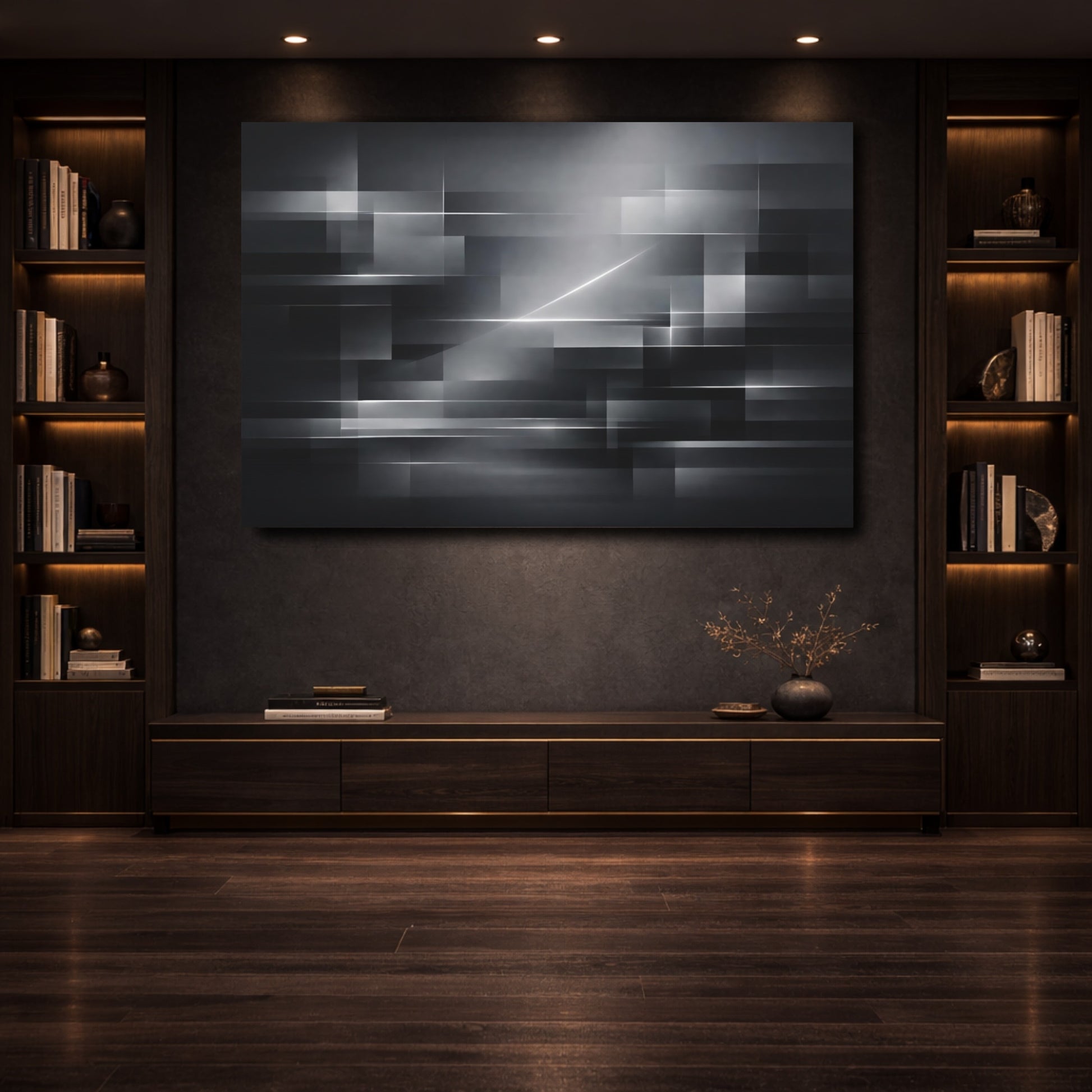 Mockup 3. Abstract Geometric Shapes Gray Abstract shown as stretched canvas wall art