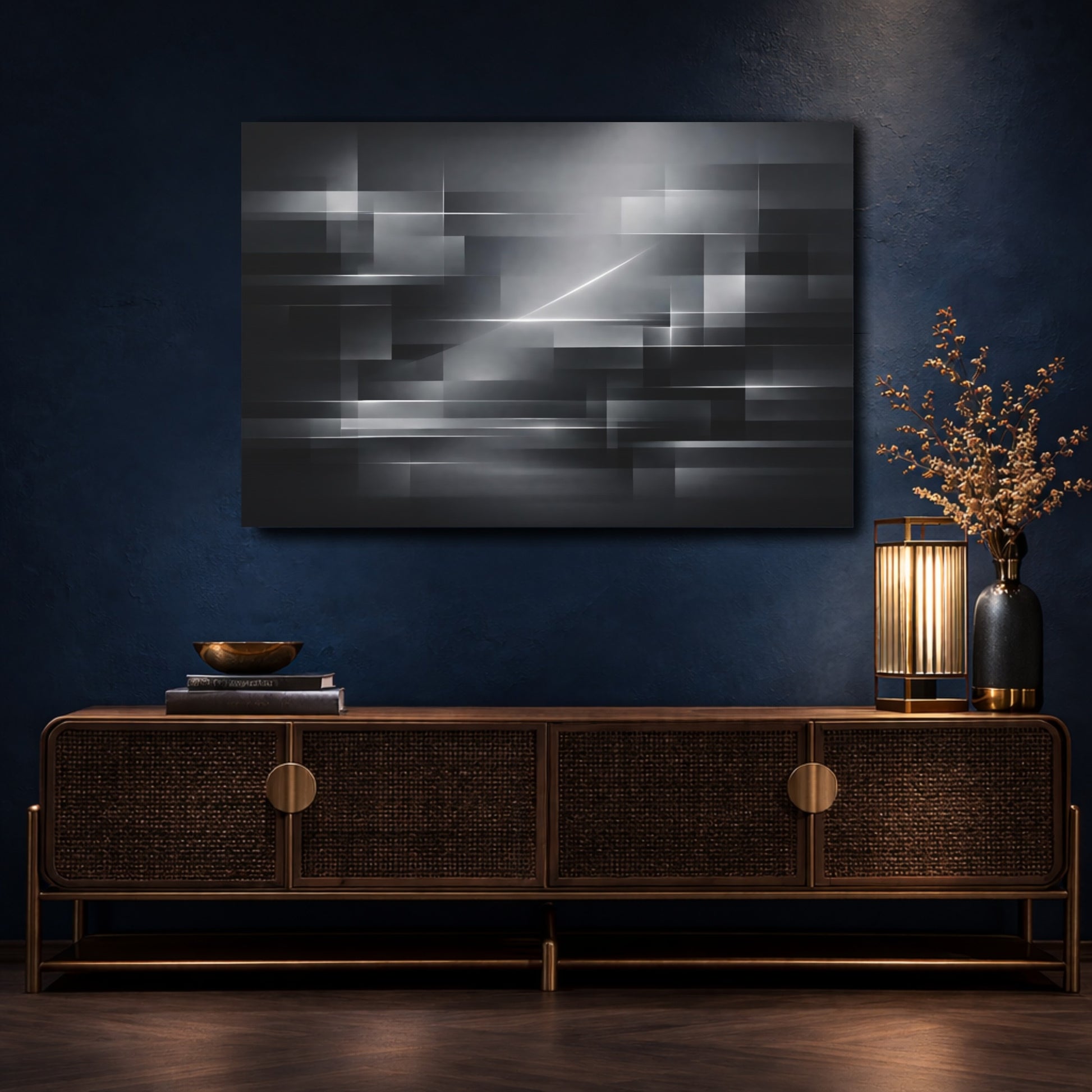 Mockup 4. Abstract Geometric Shapes Gray Abstract shown as stretched canvas wall art