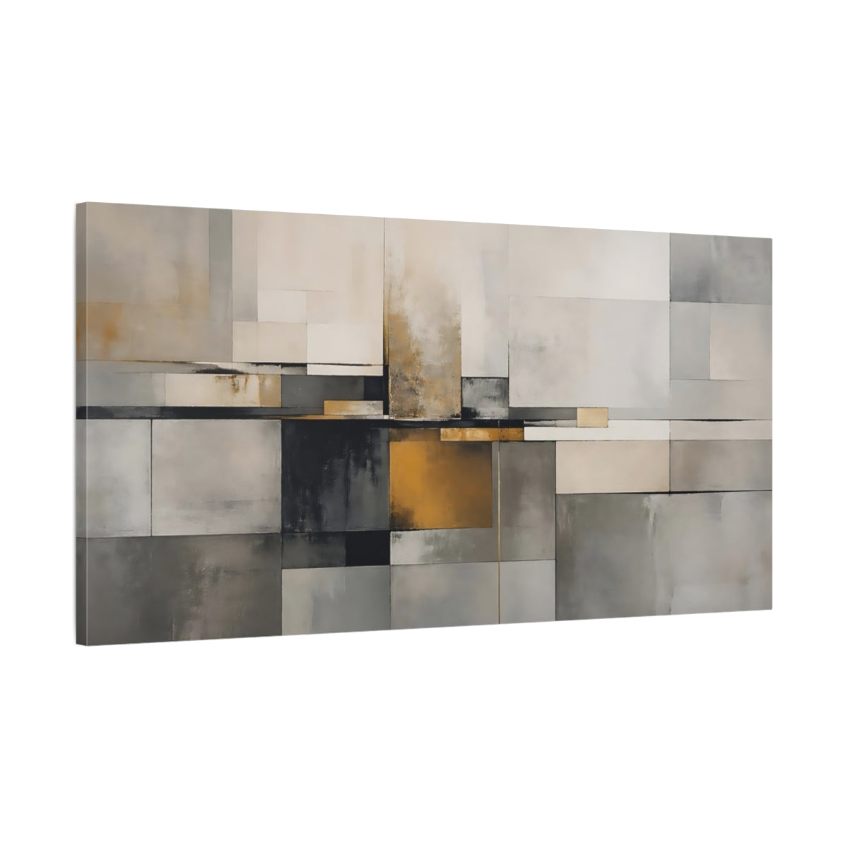 Main Mockup. Abstract Geometric Shapes Gray And Gold Abstract shown as stretched canvas wall art
