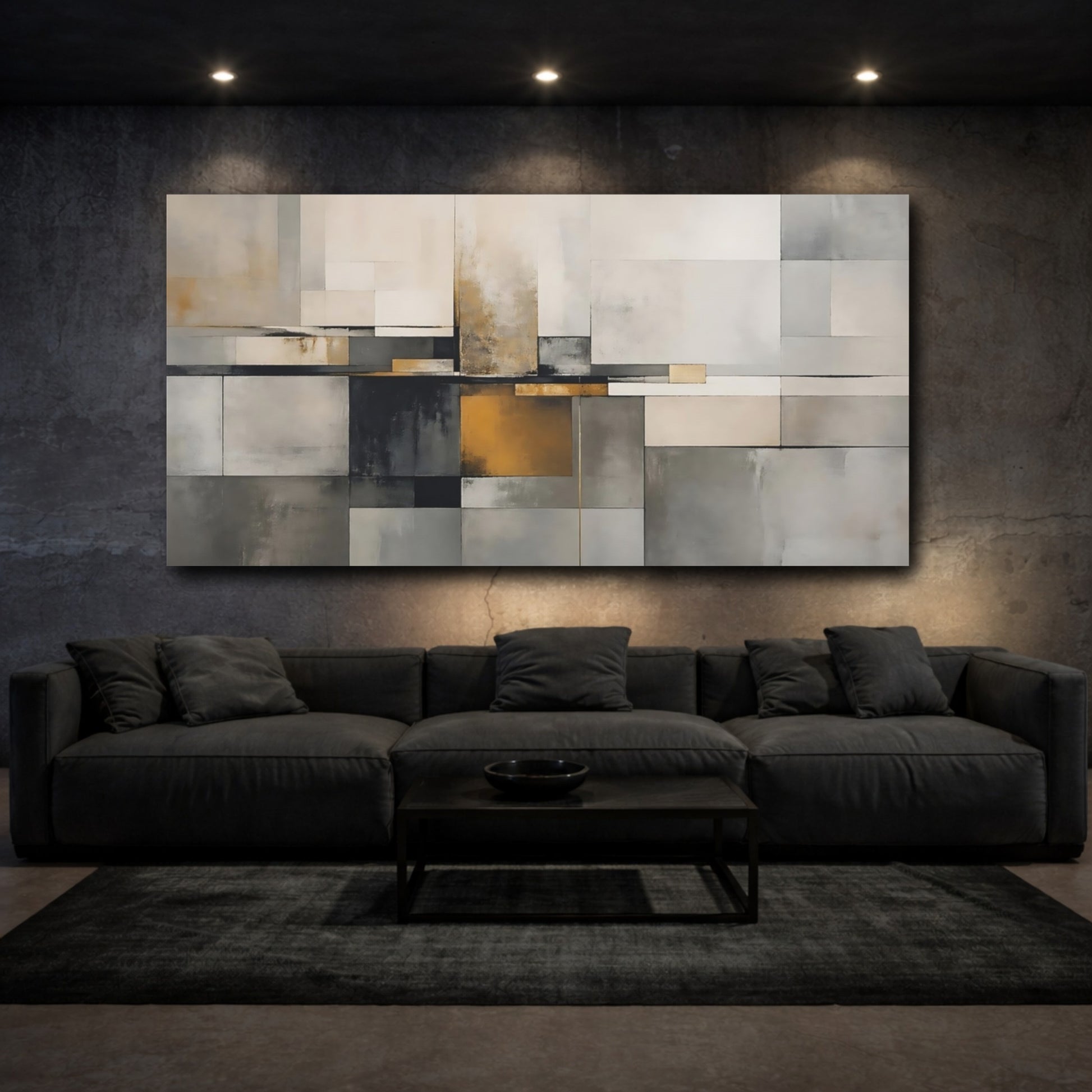 Mockup 2. Abstract Geometric Shapes Gray And Gold Abstract shown as stretched canvas wall art