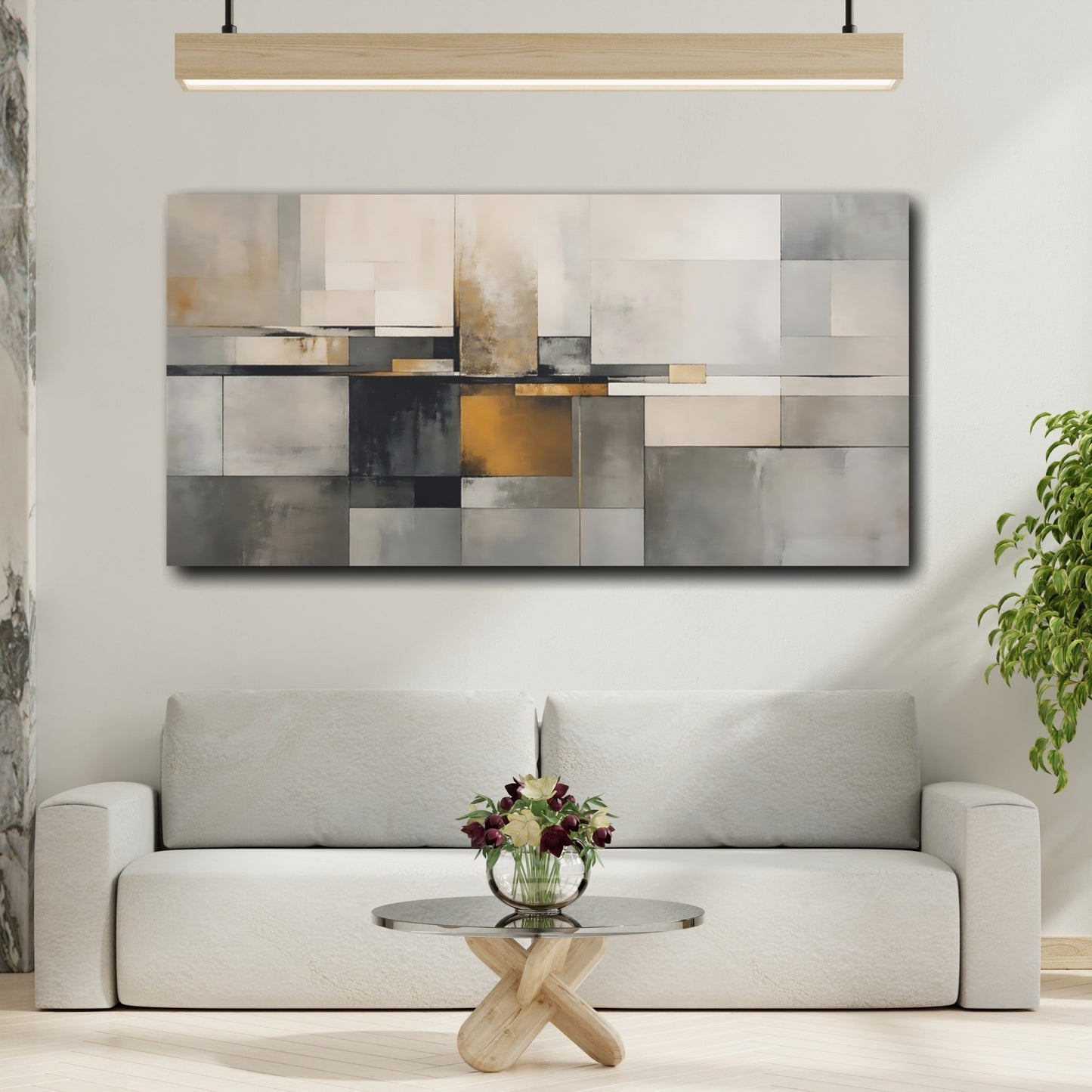 Mockup 3. Abstract Geometric Shapes Gray And Gold Abstract shown as stretched canvas wall art