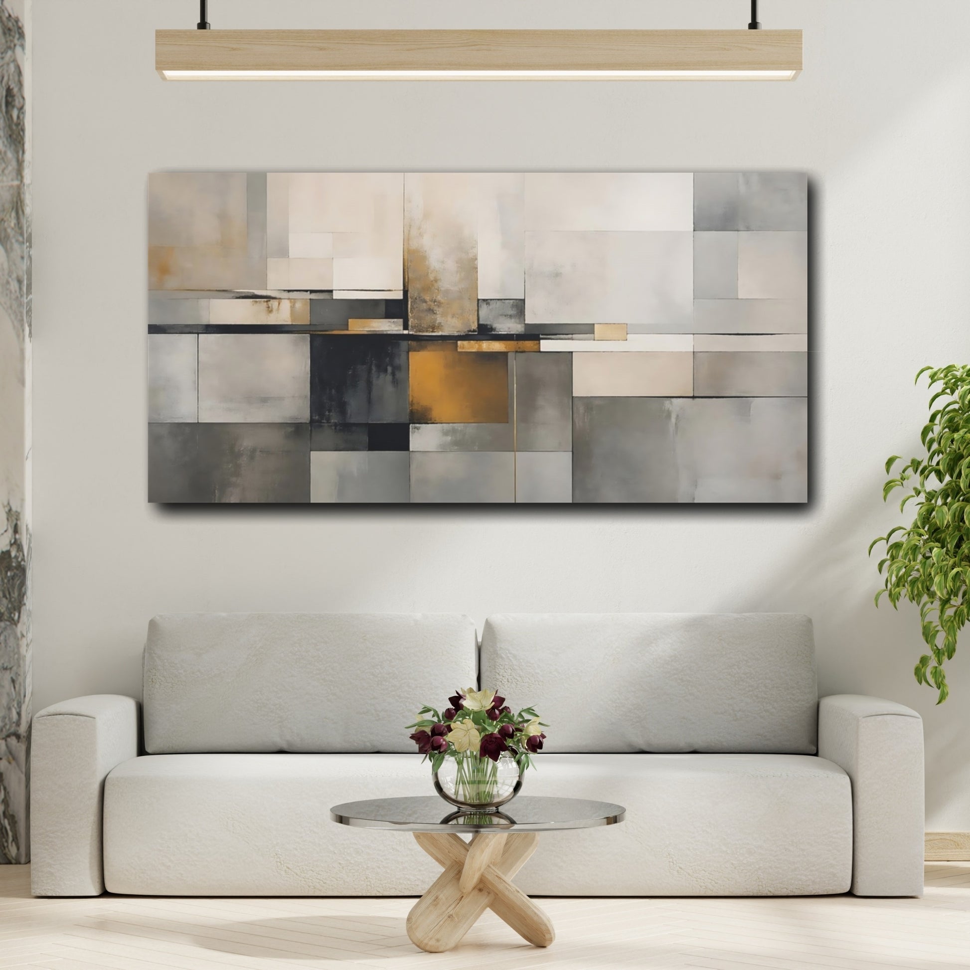 Mockup 3. Abstract Geometric Shapes Gray And Gold Abstract shown as stretched canvas wall art