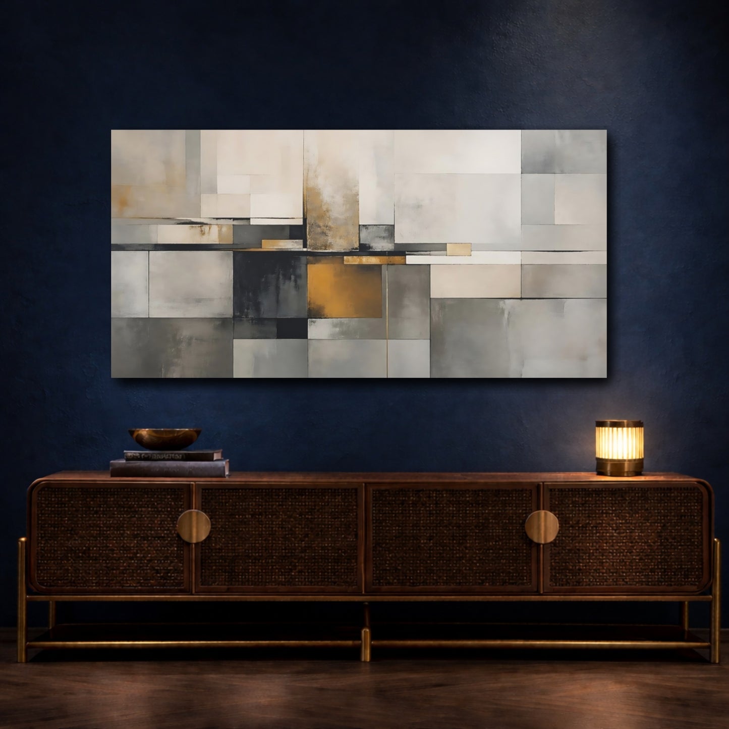 Mockup 4. Abstract Geometric Shapes Gray And Gold Abstract shown as stretched canvas wall art