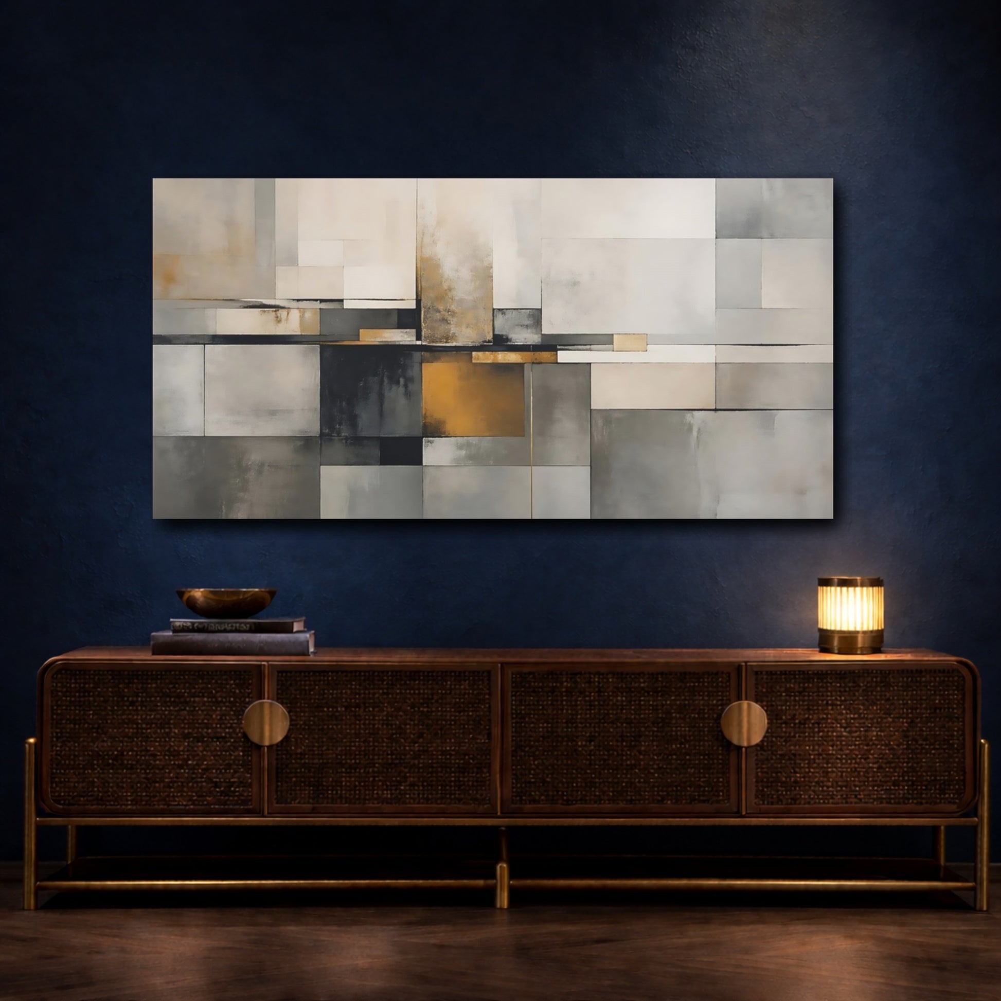 Mockup 4. Abstract Geometric Shapes Gray And Gold Abstract shown as stretched canvas wall art