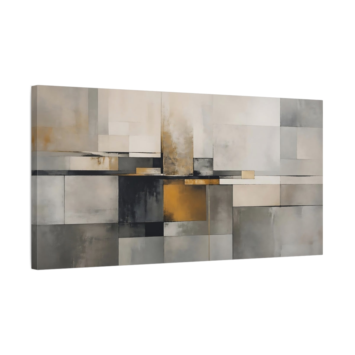Side Mockup 1. Abstract Geometric Shapes Gray And Gold Abstract shown as stretched canvas wall art