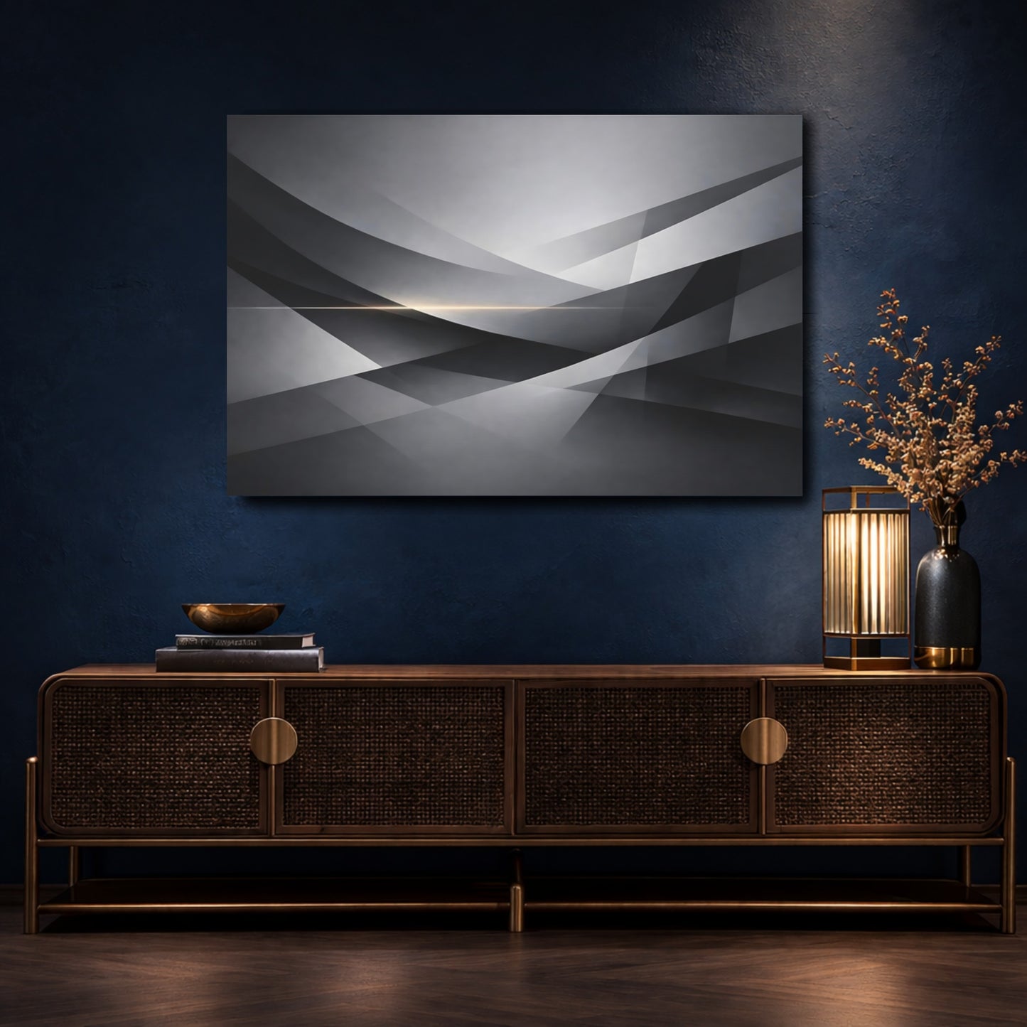 Mockup 4. Abstract Geometric Shapes Gray Geometric shown as stretched canvas wall art