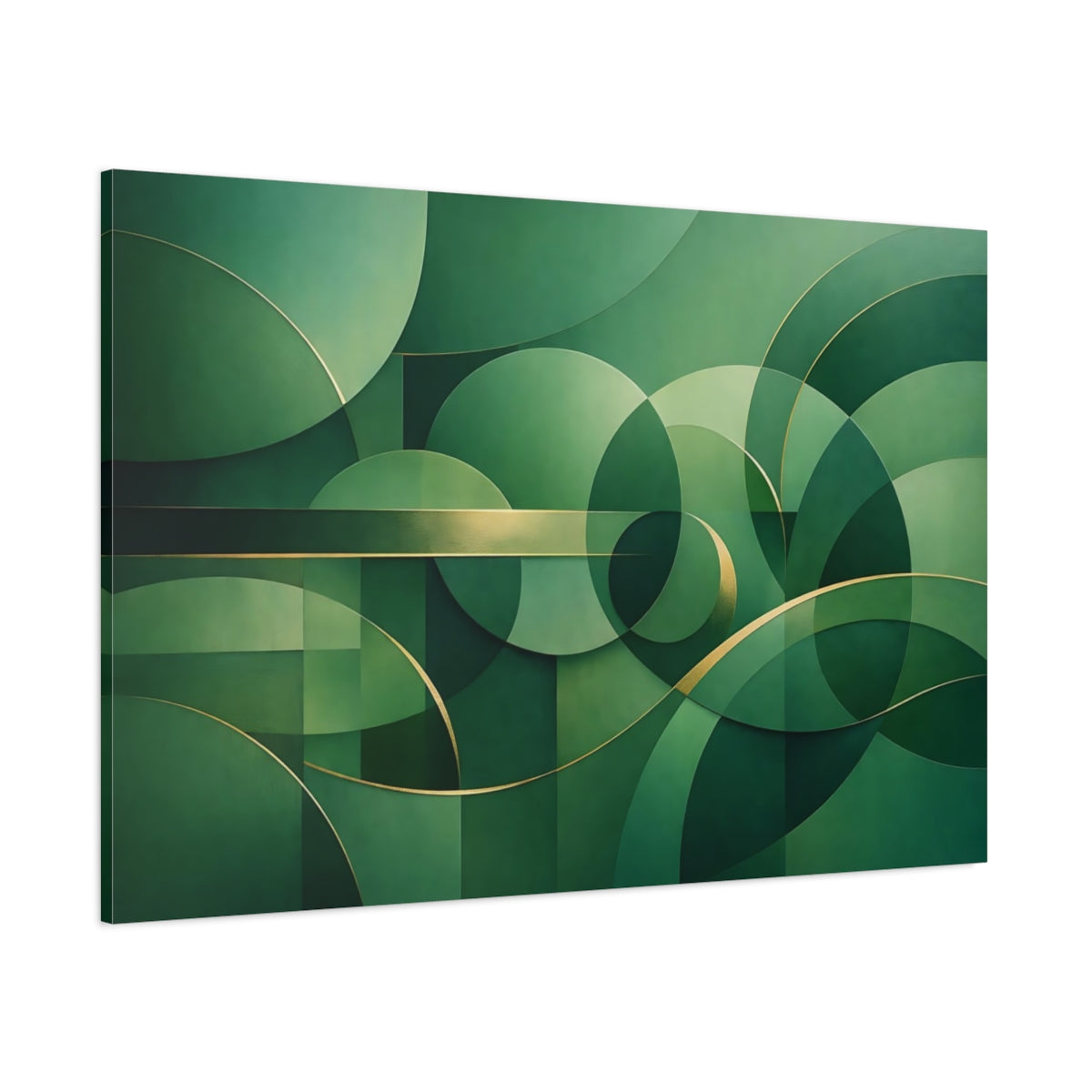 Main Mockup. Abstract Geometric Shapes Green And Gold shown as stretched canvas wall art