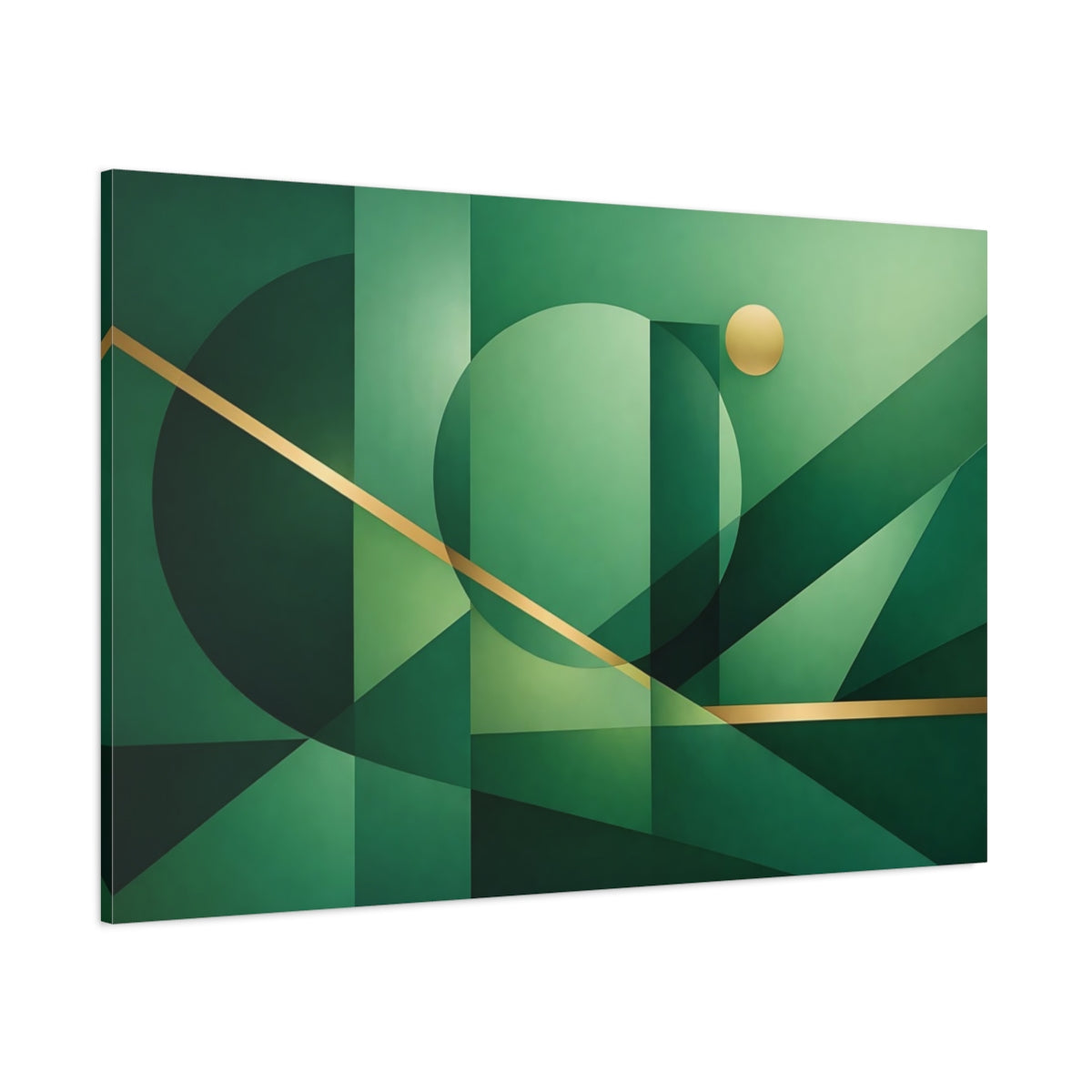 Main Mockup. Abstract Geometric Shapes Green And Gold shown as stretched canvas wall art