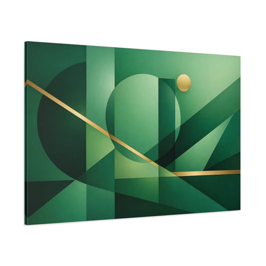 Main Mockup. Abstract Geometric Shapes Green And Gold shown as stretched canvas wall art