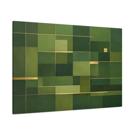 Main Mockup. Abstract Geometric Shapes Green And Gold shown as stretched canvas wall art