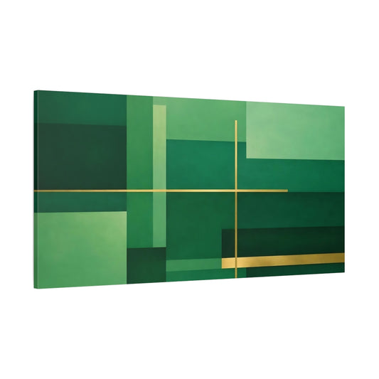 Main Mockup. Abstract Geometric Shapes Green And Gold shown as stretched canvas wall art