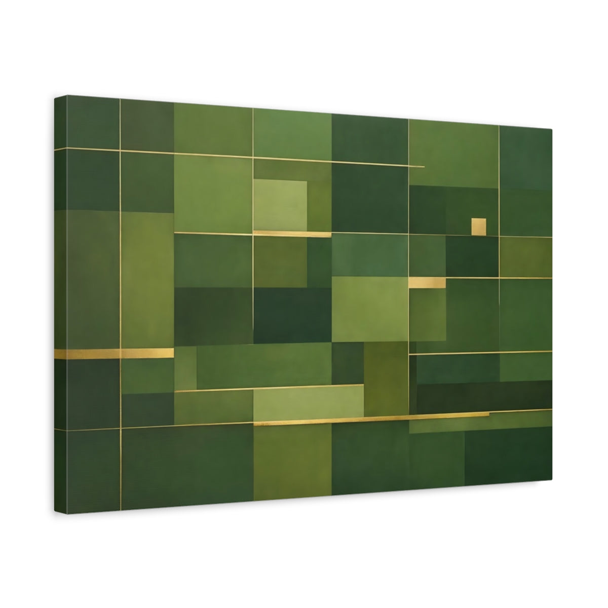 Side Mockup 3. Abstract Geometric Shapes Green And Gold shown as stretched canvas wall art
