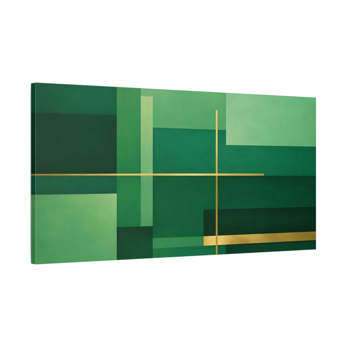 Side Mockup 1. Abstract Geometric Shapes Green And Gold shown as stretched canvas wall art