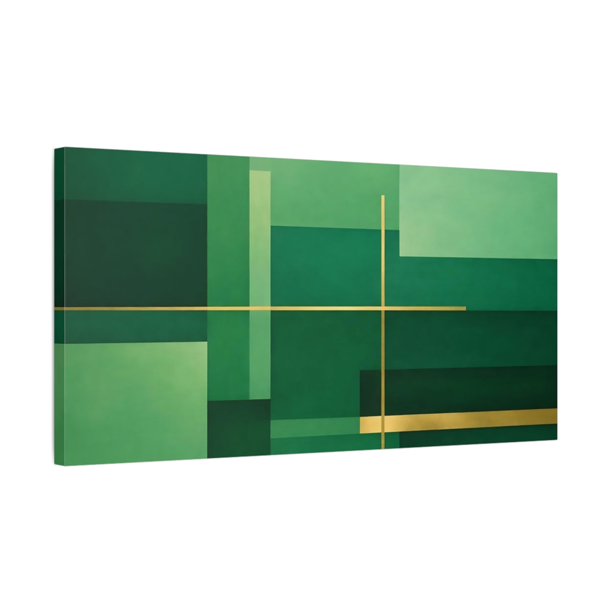 Side Mockup 2. Abstract Geometric Shapes Green And Gold shown as stretched canvas wall art
