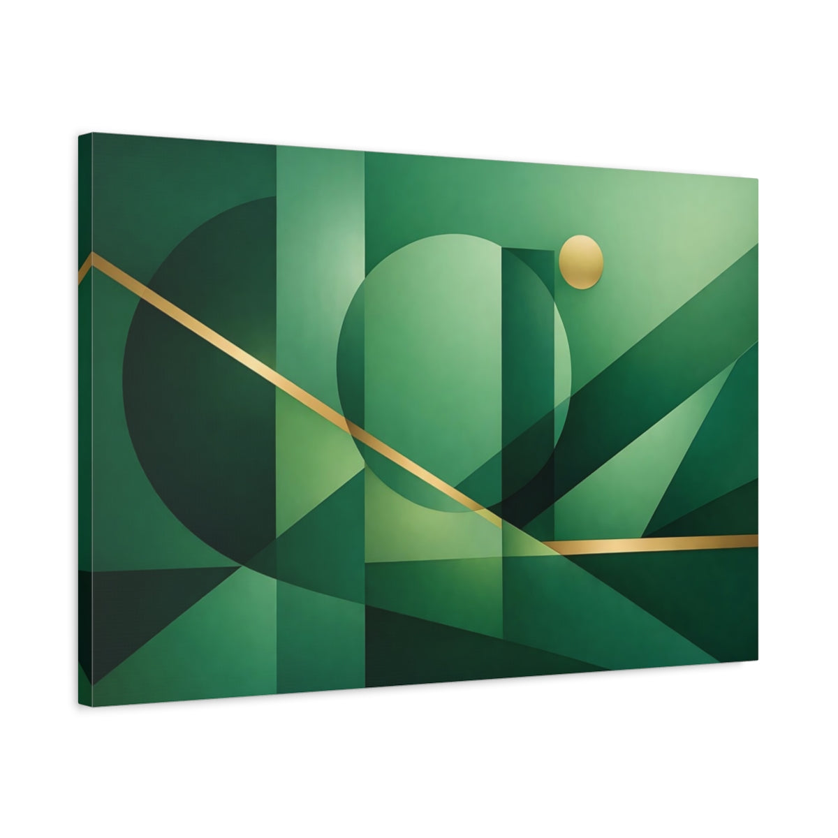 Side Mockup 2. Abstract Geometric Shapes Green And Gold shown as stretched canvas wall art
