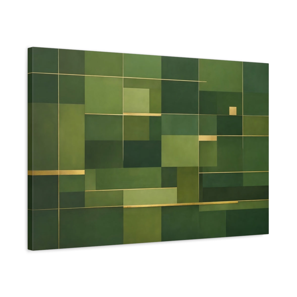 Side Mockup 2. Abstract Geometric Shapes Green And Gold shown as stretched canvas wall art