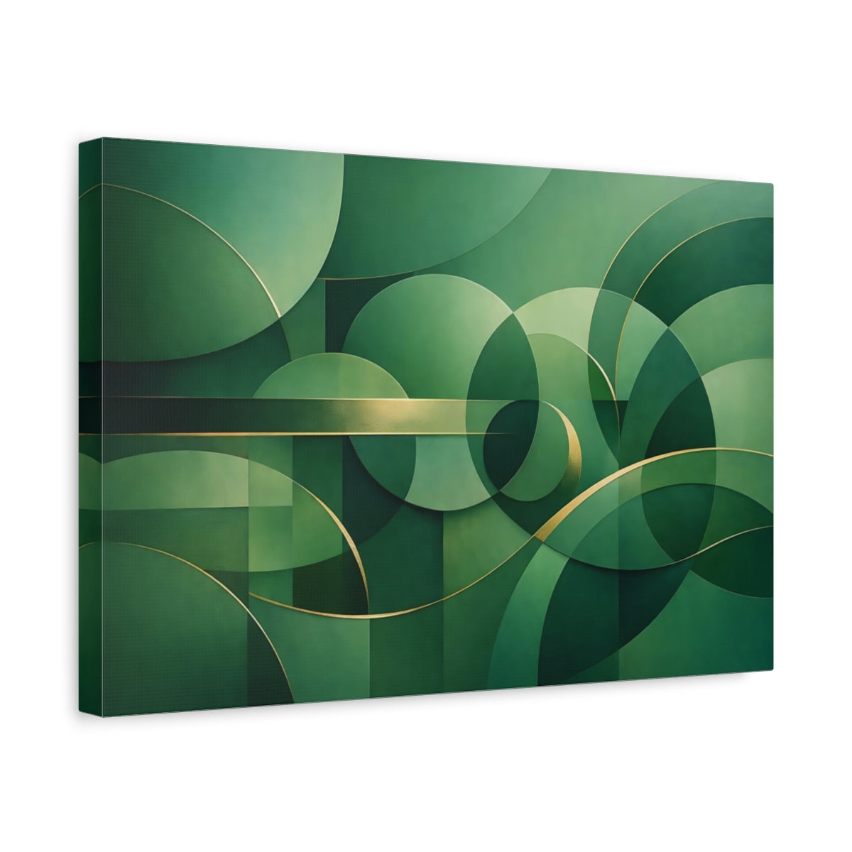 Side Mockup 4. Abstract Geometric Shapes Green And Gold shown as stretched canvas wall art