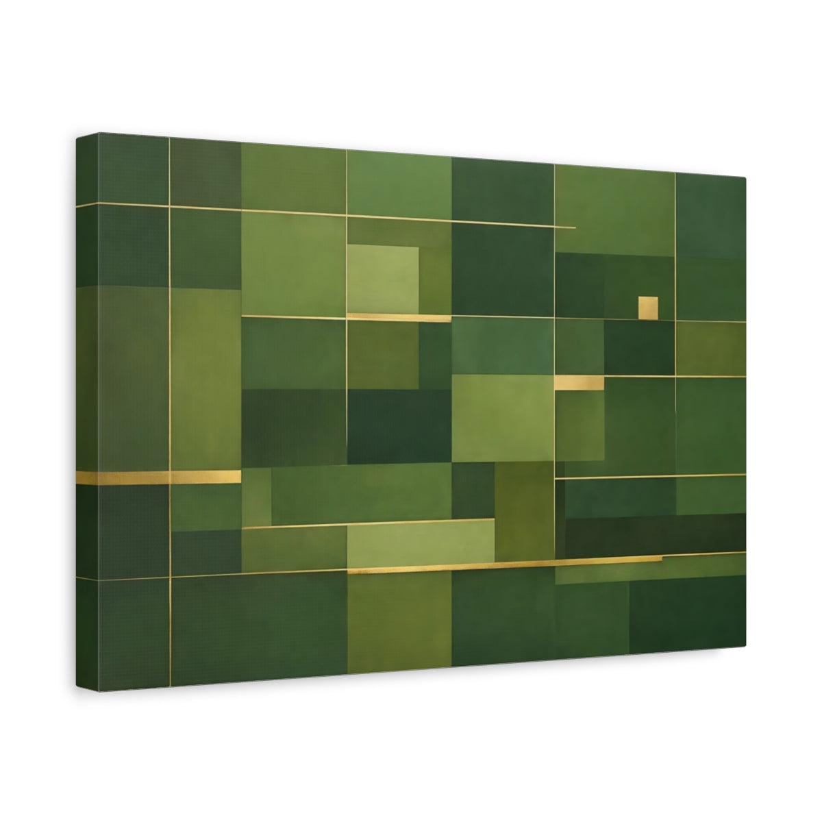Side Mockup 4. Abstract Geometric Shapes Green And Gold shown as stretched canvas wall art
