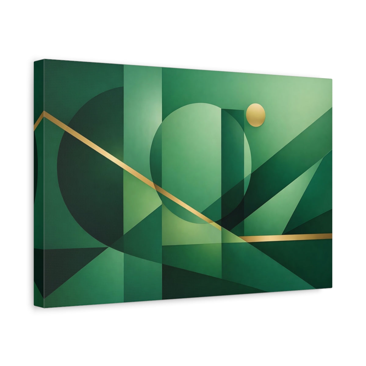 Side Mockup 4. Abstract Geometric Shapes Green And Gold shown as stretched canvas wall art