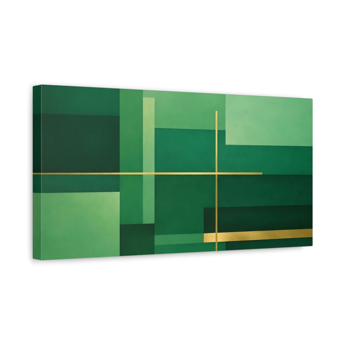Side Mockup 3. Abstract Geometric Shapes Green And Gold shown as stretched canvas wall art