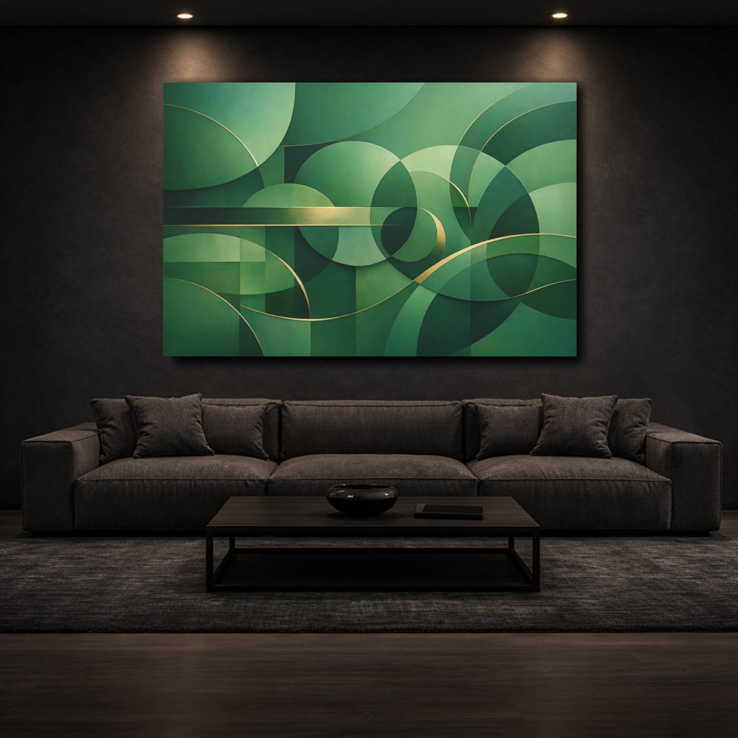 Mockup 2. Abstract Geometric Shapes Green And Gold shown as stretched canvas wall art
