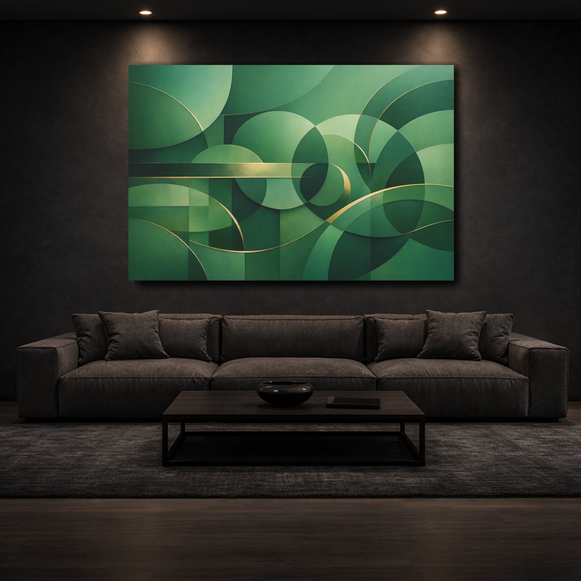 Mockup 2. Abstract Geometric Shapes Green And Gold shown as stretched canvas wall art