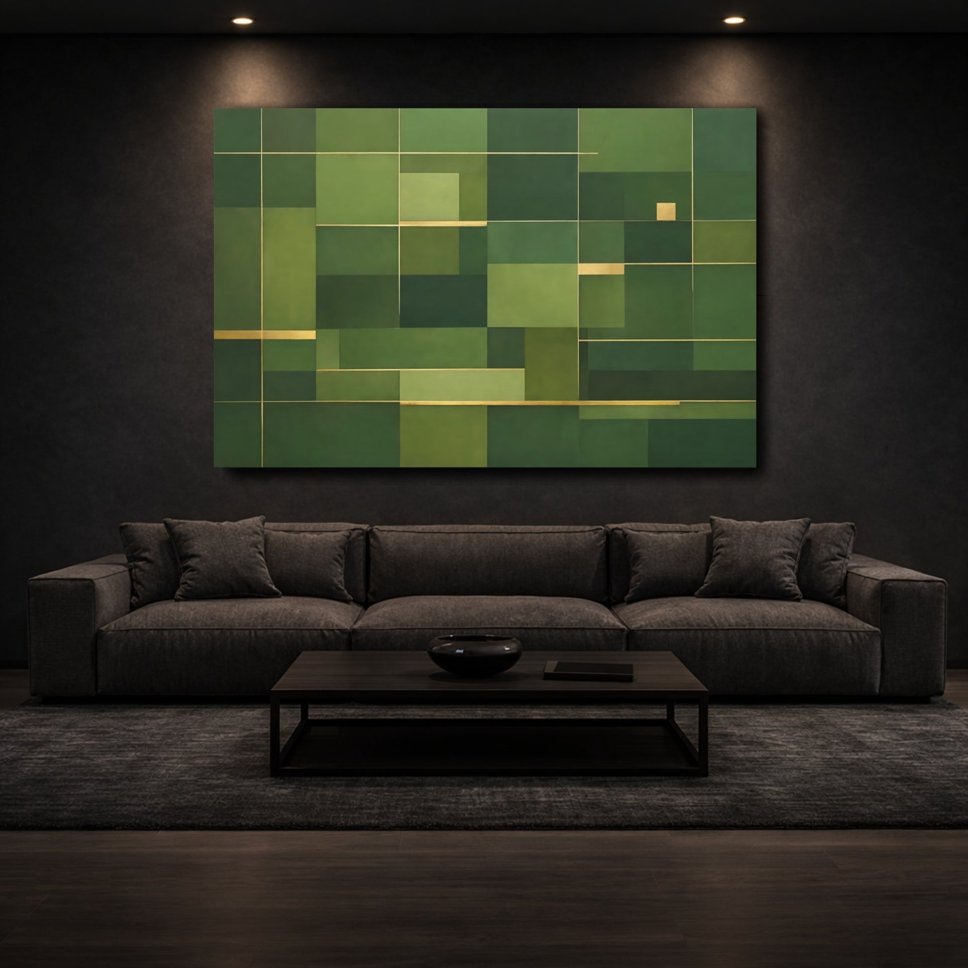 Mockup 2. Abstract Geometric Shapes Green And Gold shown as stretched canvas wall art