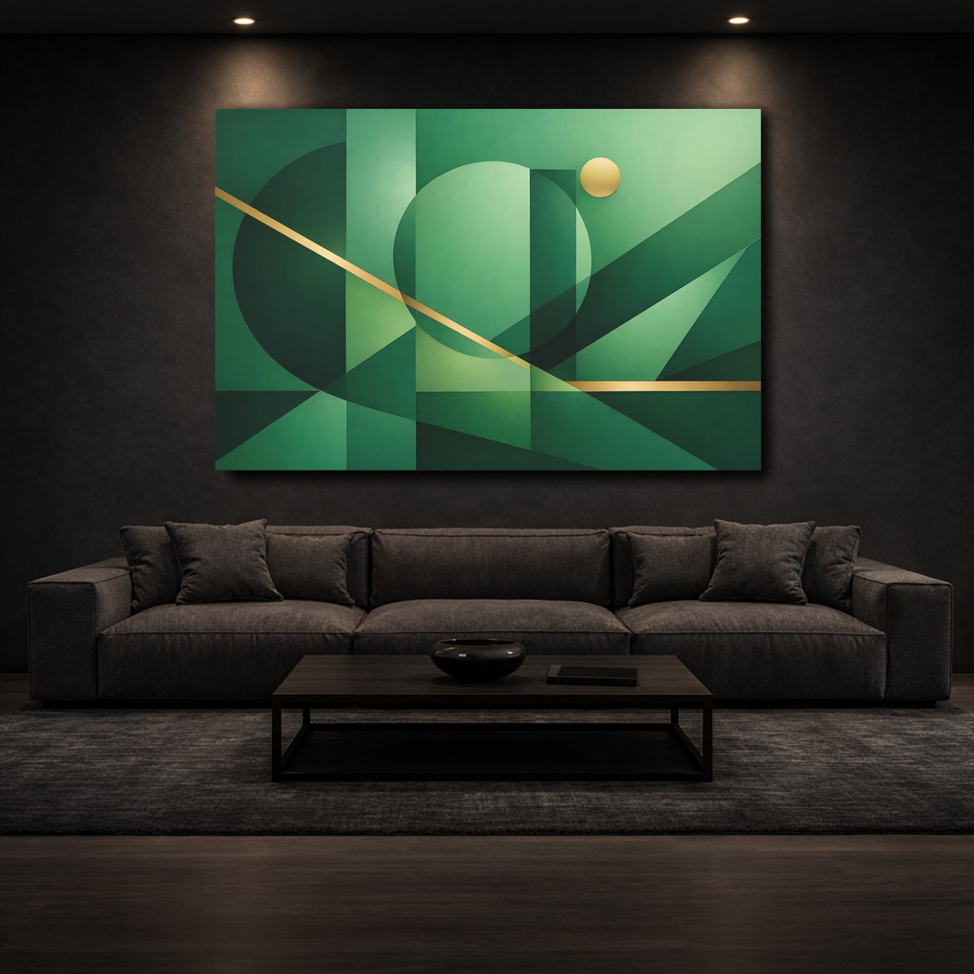 Mockup 2. Abstract Geometric Shapes Green And Gold shown as stretched canvas wall art