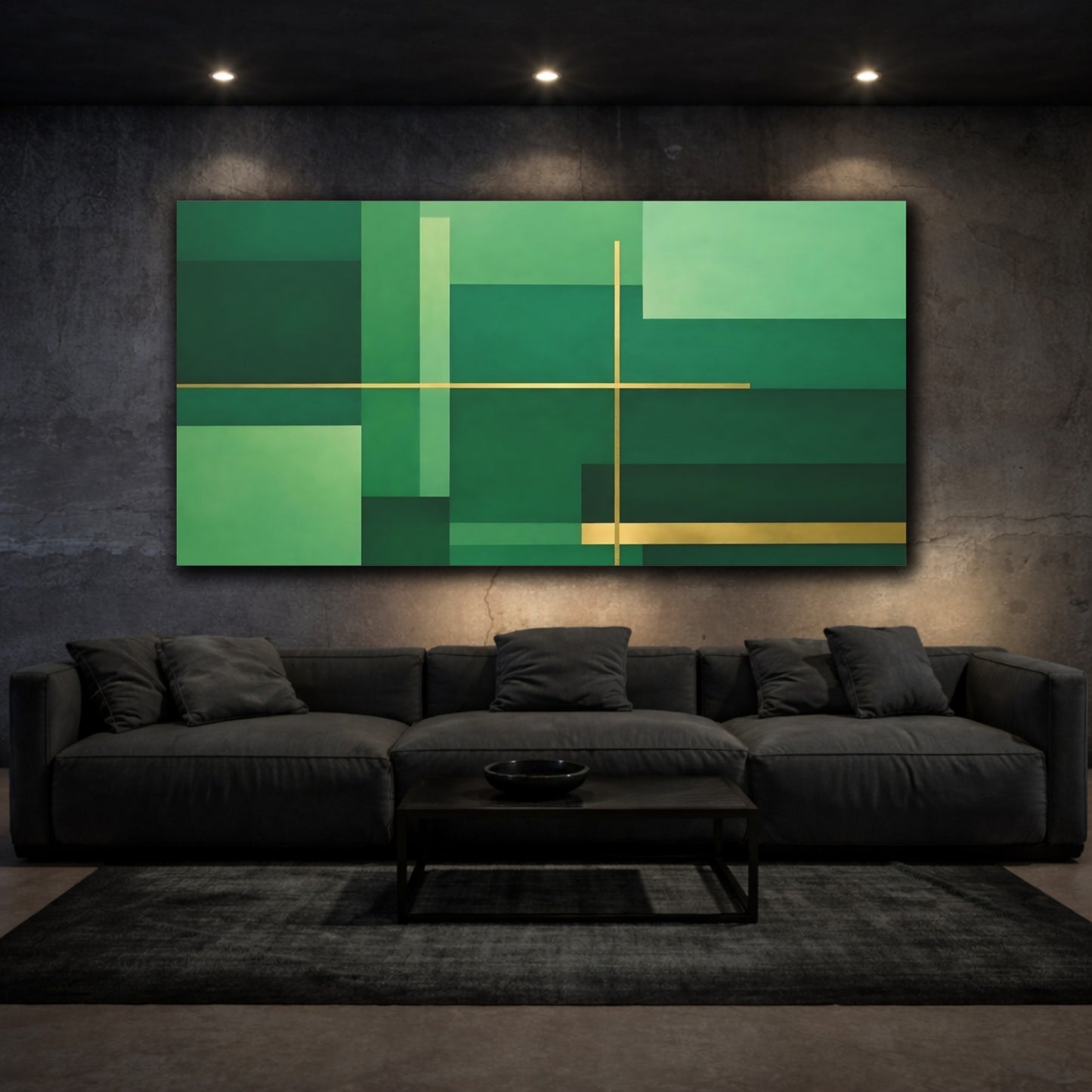 Mockup 2. Abstract Geometric Shapes Green And Gold shown as stretched canvas wall art