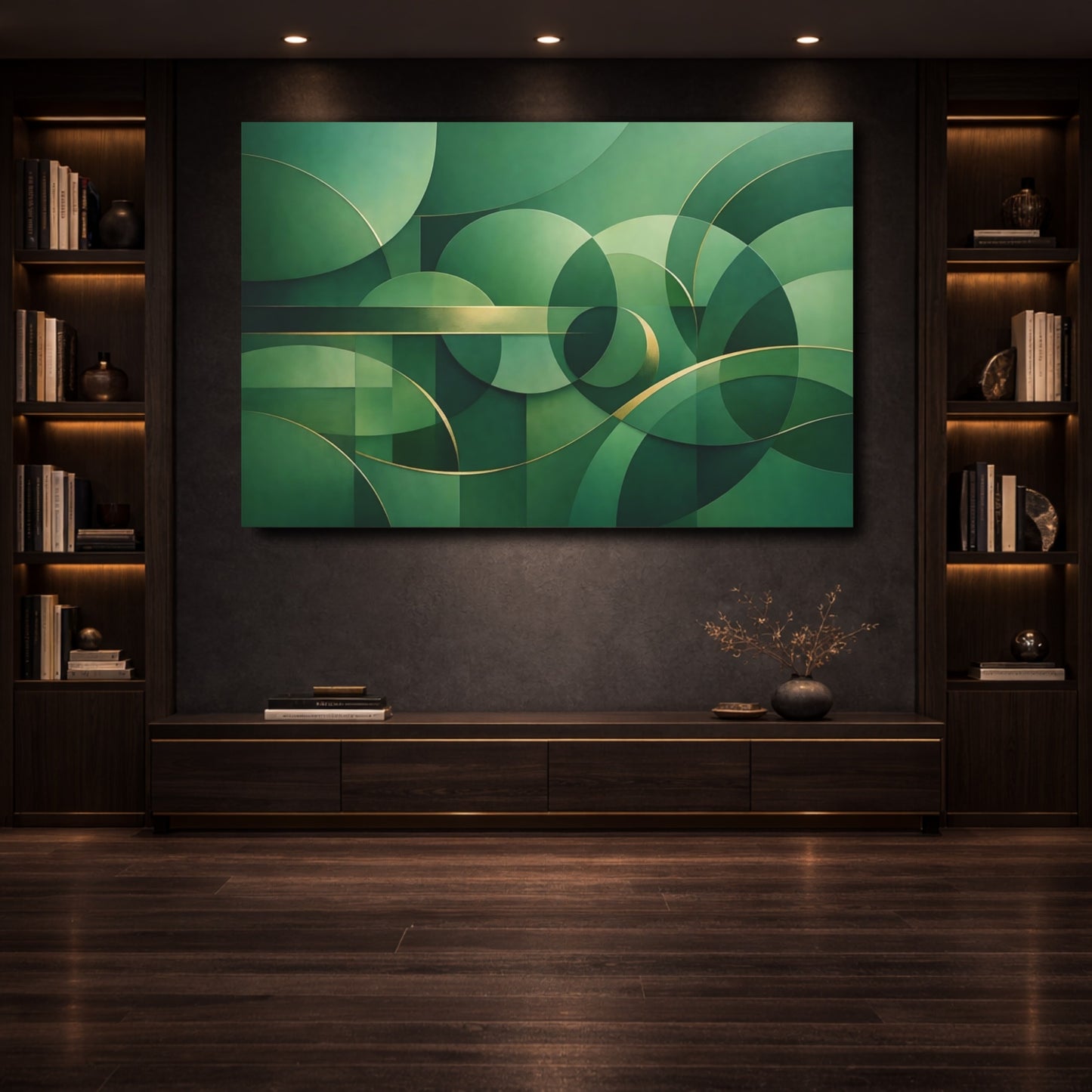 Mockup 3. Abstract Geometric Shapes Green And Gold shown as stretched canvas wall art