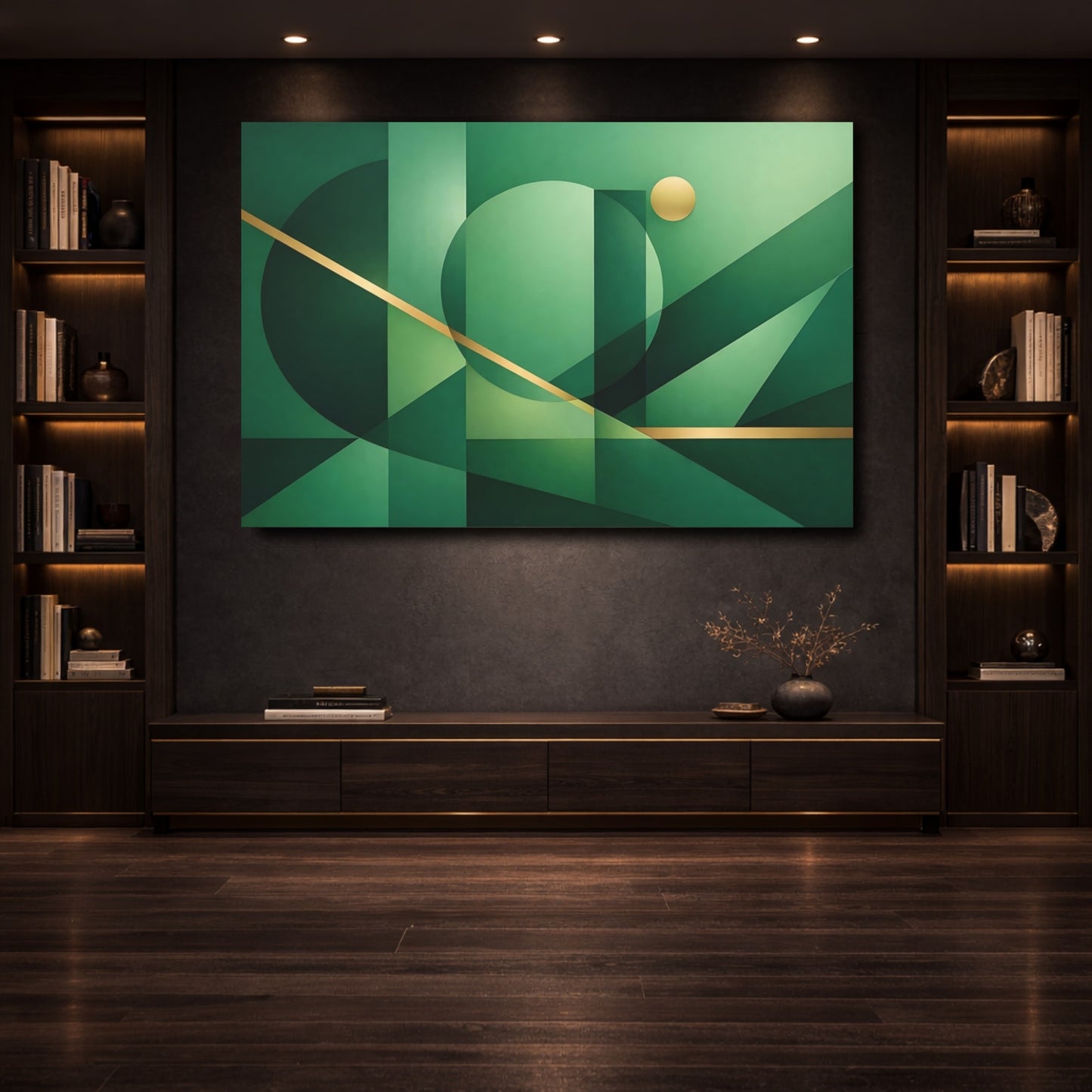 Mockup 3. Abstract Geometric Shapes Green And Gold shown as stretched canvas wall art