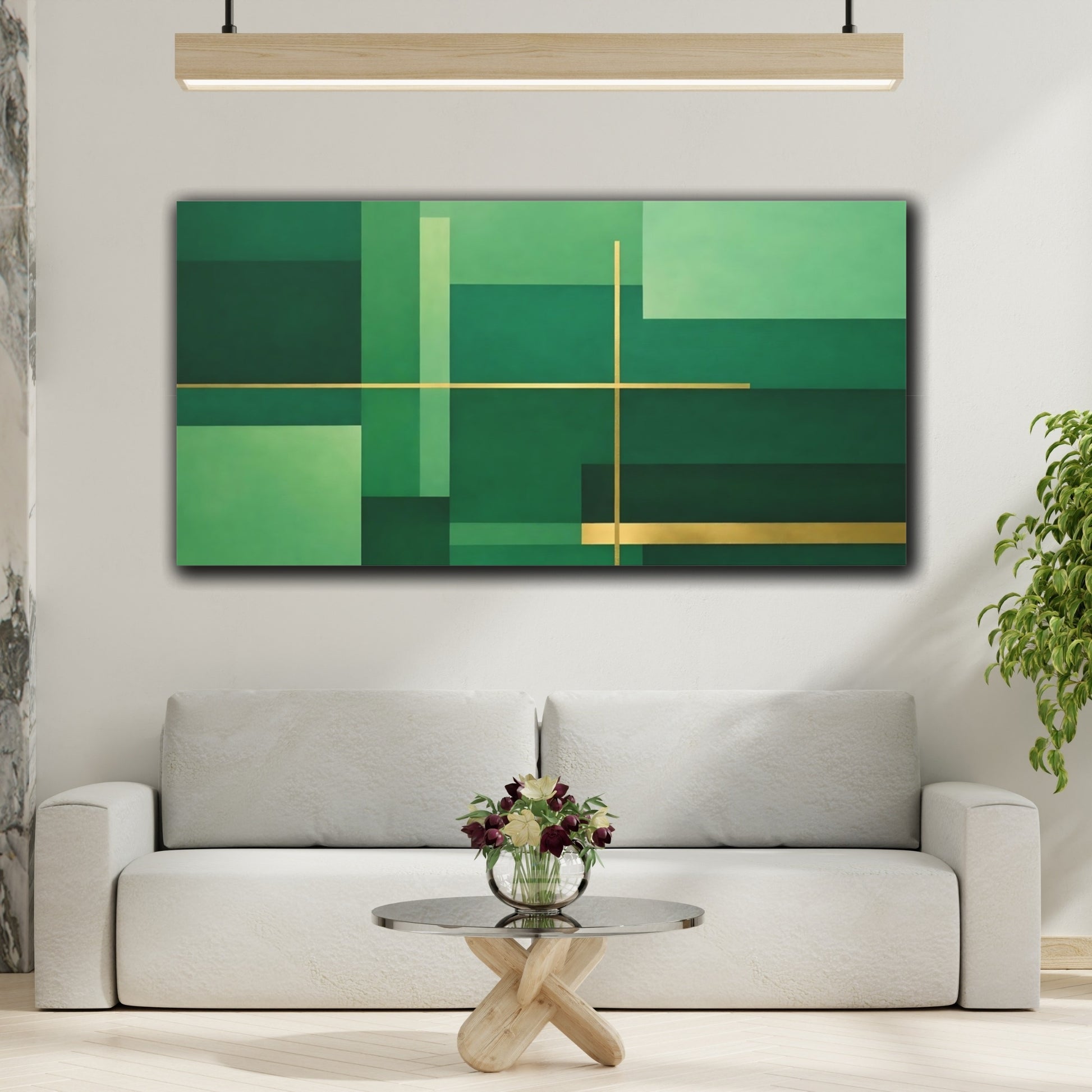 Mockup 3. Abstract Geometric Shapes Green And Gold shown as stretched canvas wall art