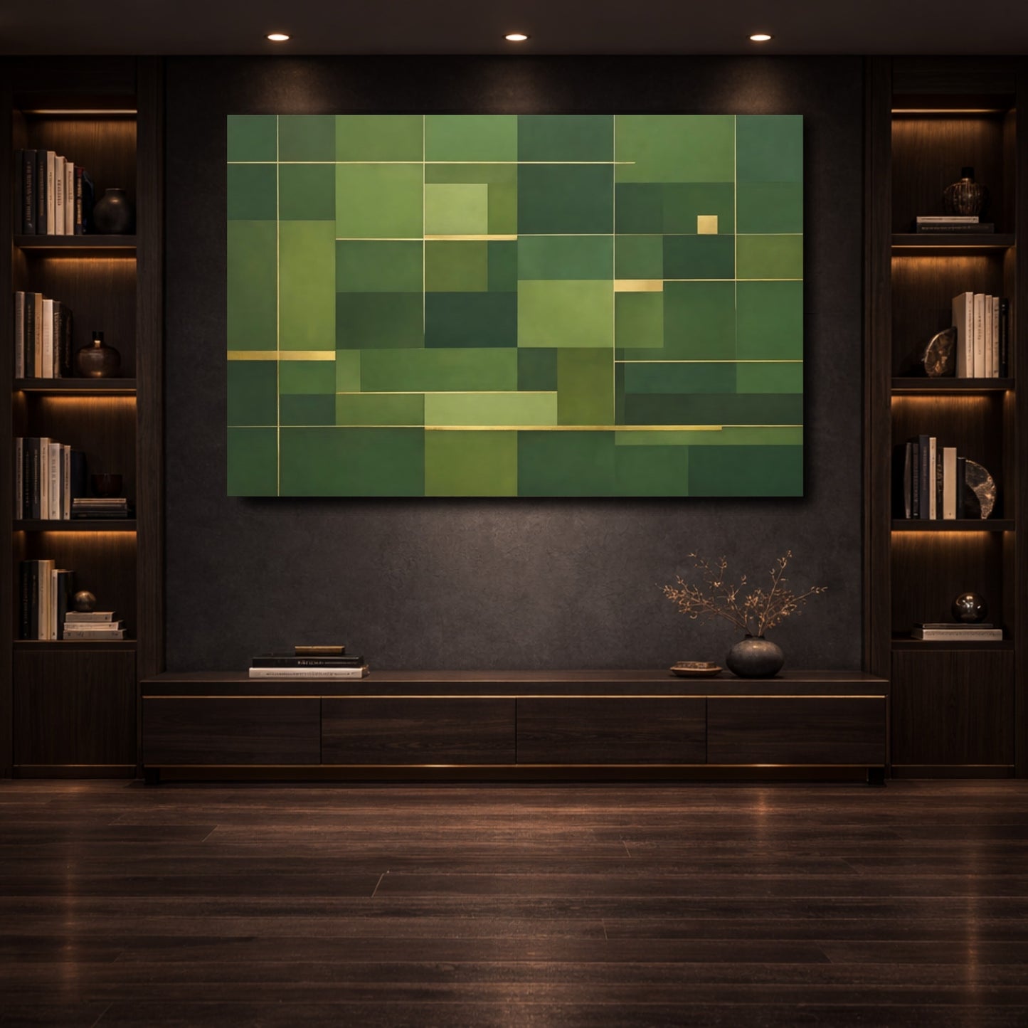 Mockup 3. Abstract Geometric Shapes Green And Gold shown as stretched canvas wall art