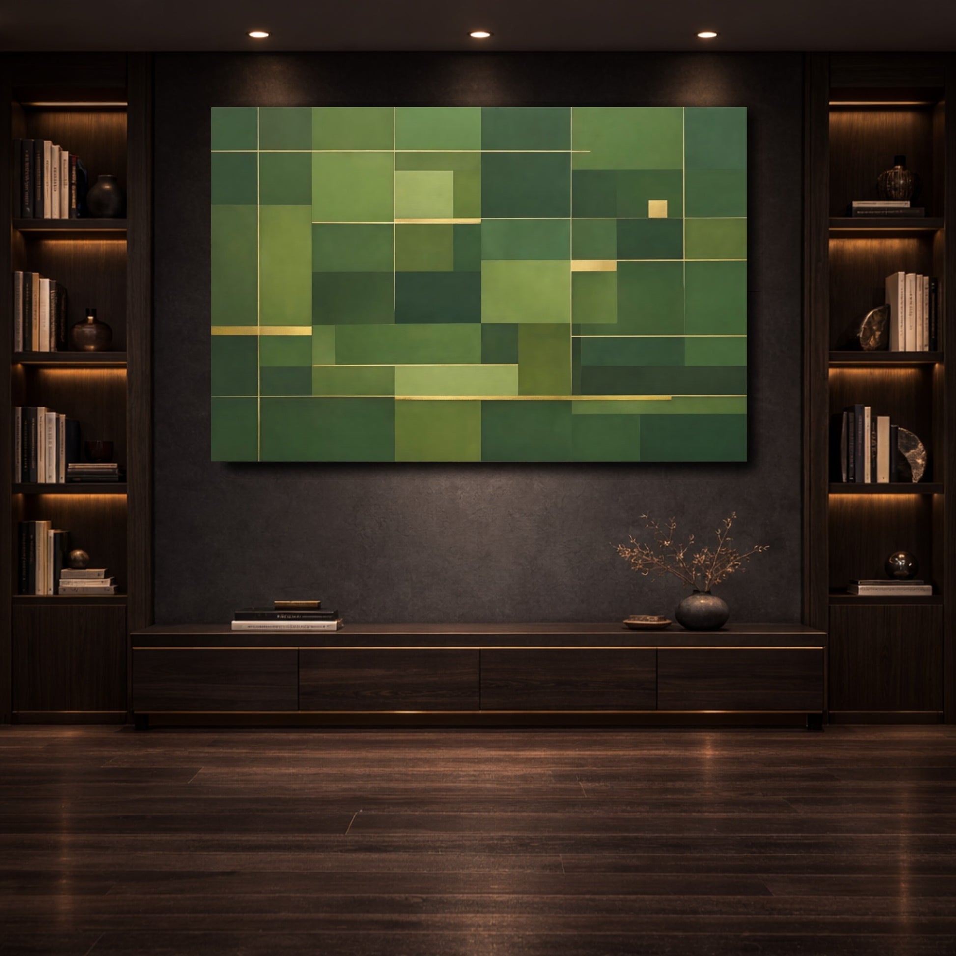 Mockup 3. Abstract Geometric Shapes Green And Gold shown as stretched canvas wall art