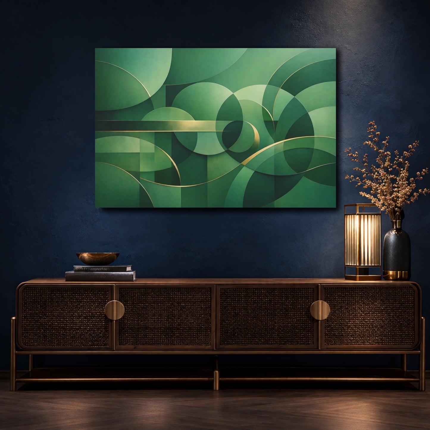 Mockup 4. Abstract Geometric Shapes Green And Gold shown as stretched canvas wall art